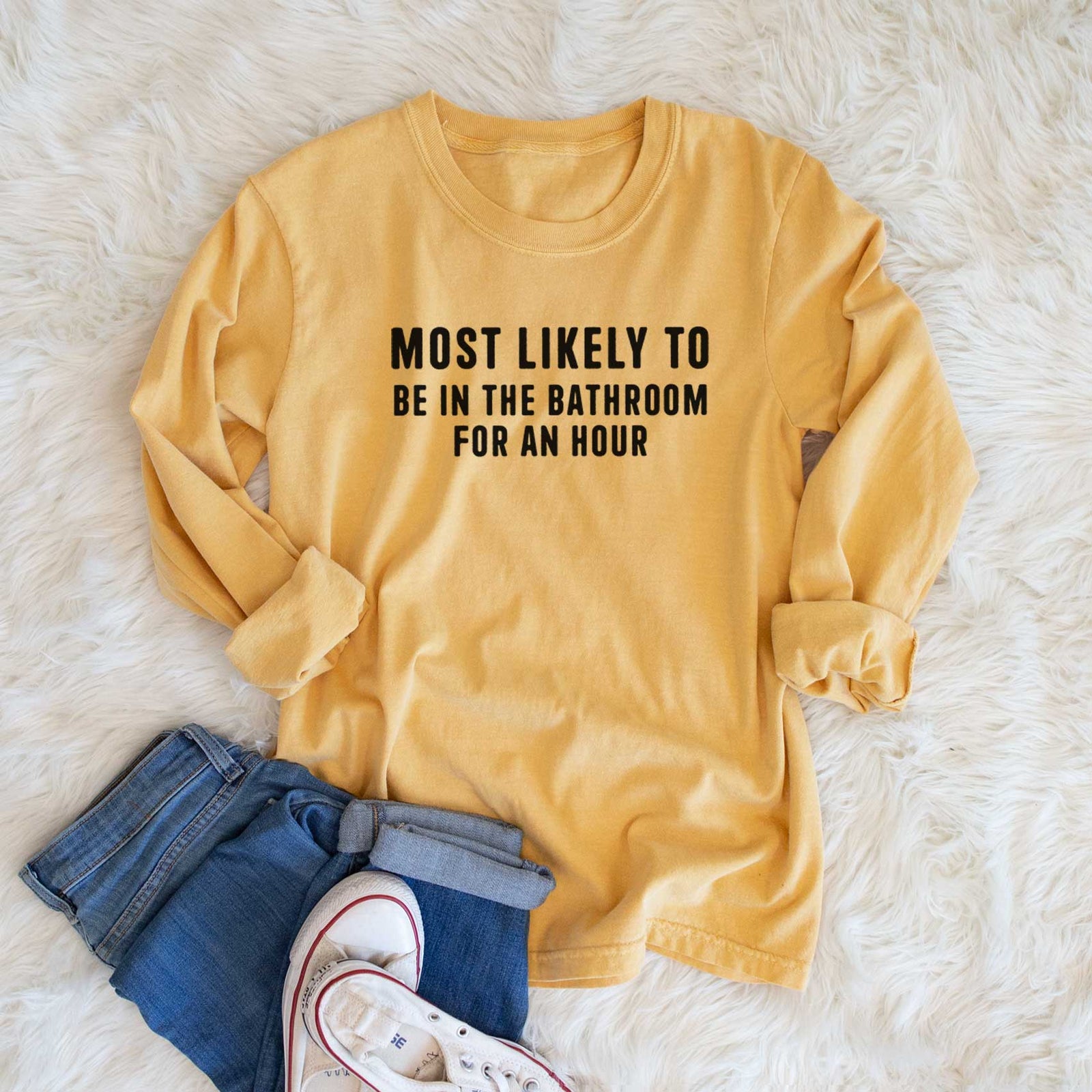 Most Likely To Be in the Bathroom for an Hour Text Only - Men's Heavyweight 100% Cotton Long Sleeve