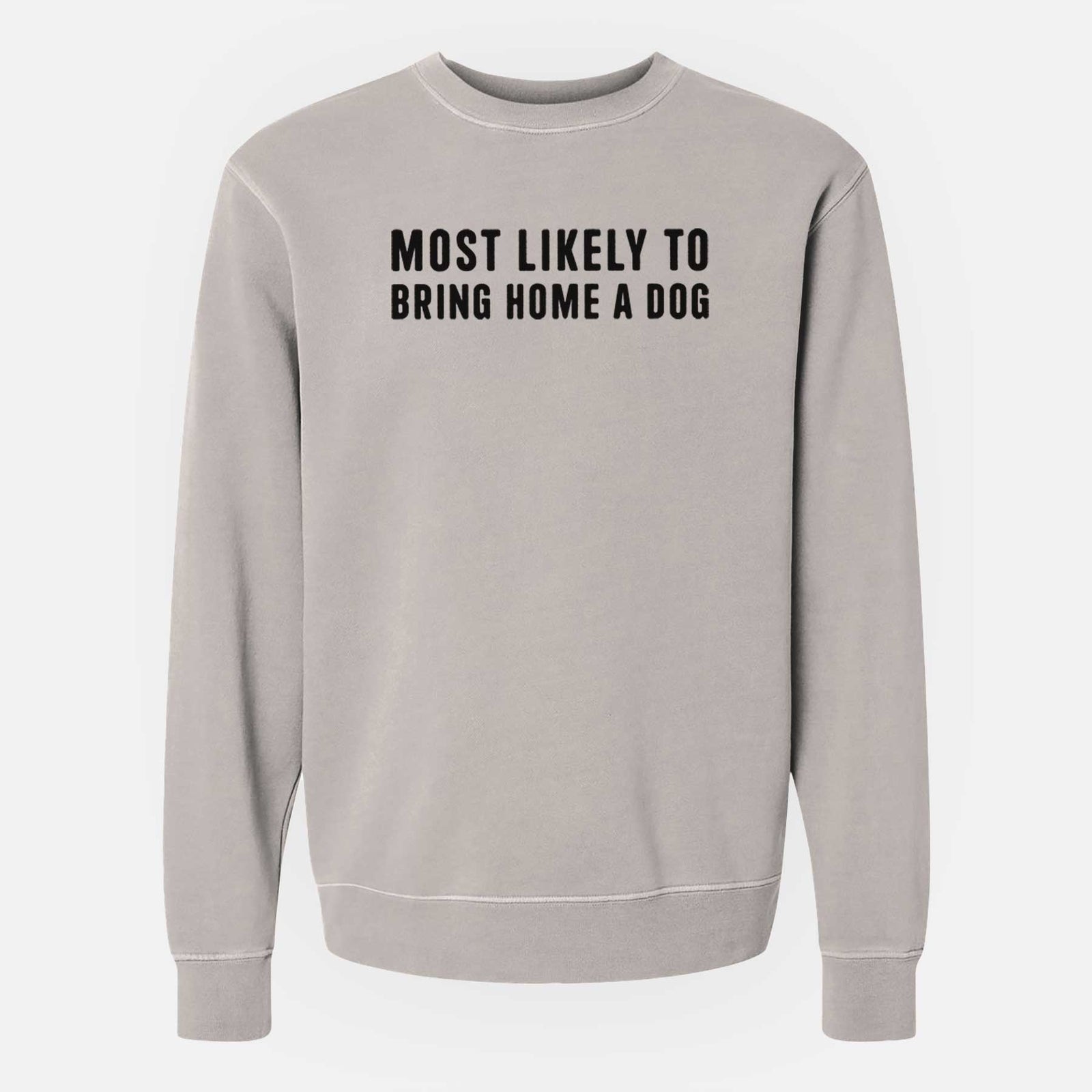 'Most Likely To Bring Home a Dog Text Only' design on a Cement Unisex pigment dyed crew sweatshirt