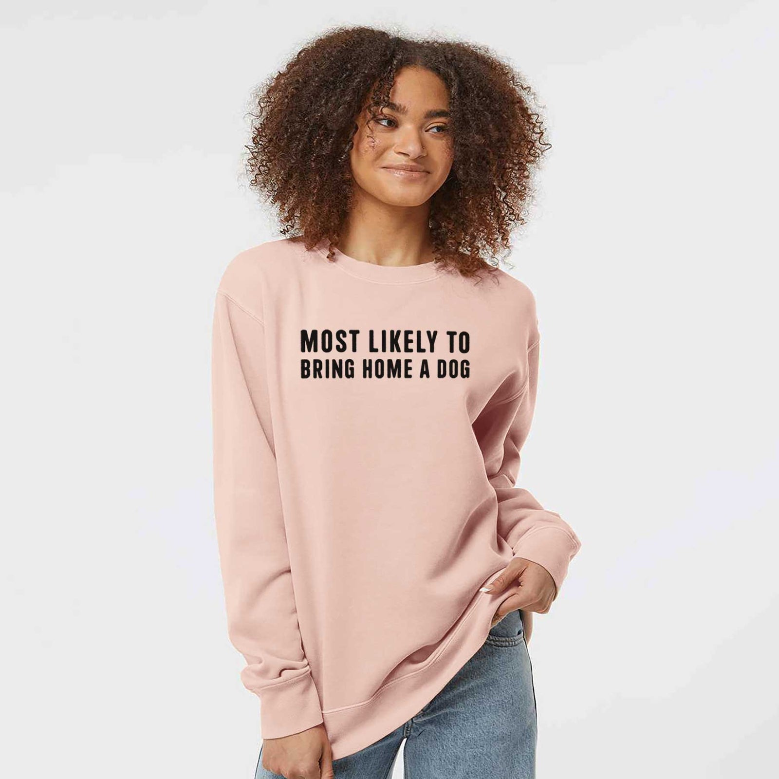 'Most Likely To Bring Home a Dog Text Only' design on a Dusty Pink Unisex pigment dyed crew sweatshirt