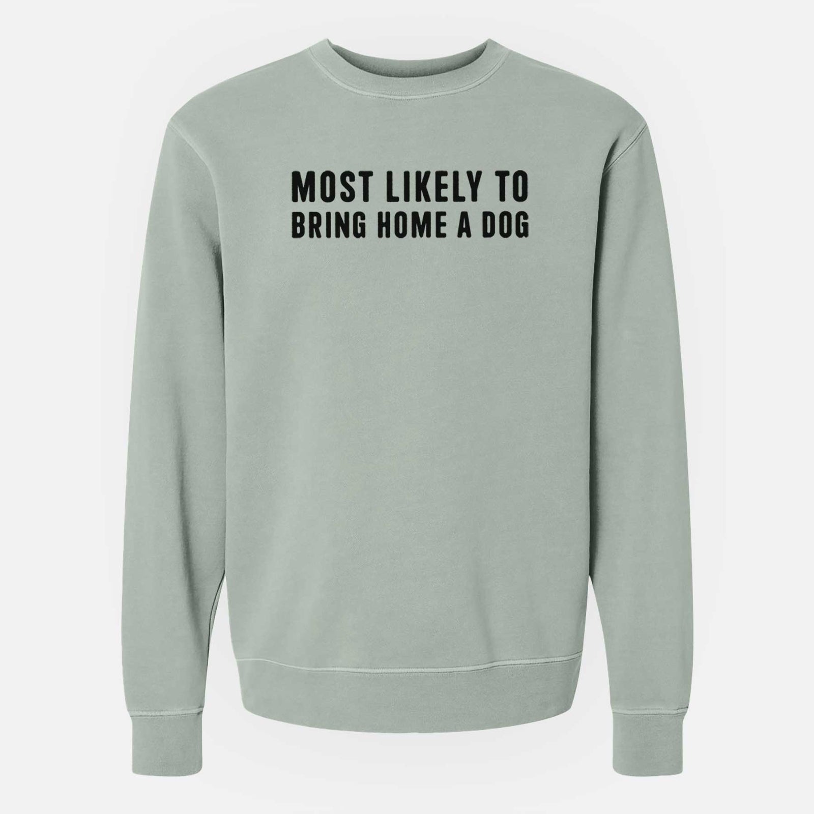 'Most Likely To Bring Home a Dog Text Only' design on a Sage Unisex pigment dyed crew sweatshirt