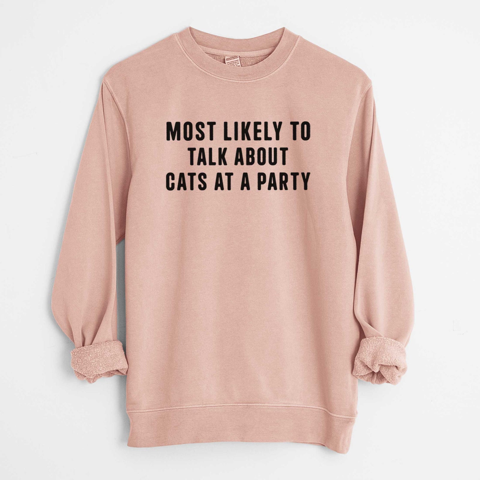 'Most Likely to Talk About Cats at a Party' design on a Dusty Pink Unisex pigment dyed crew sweatshirt