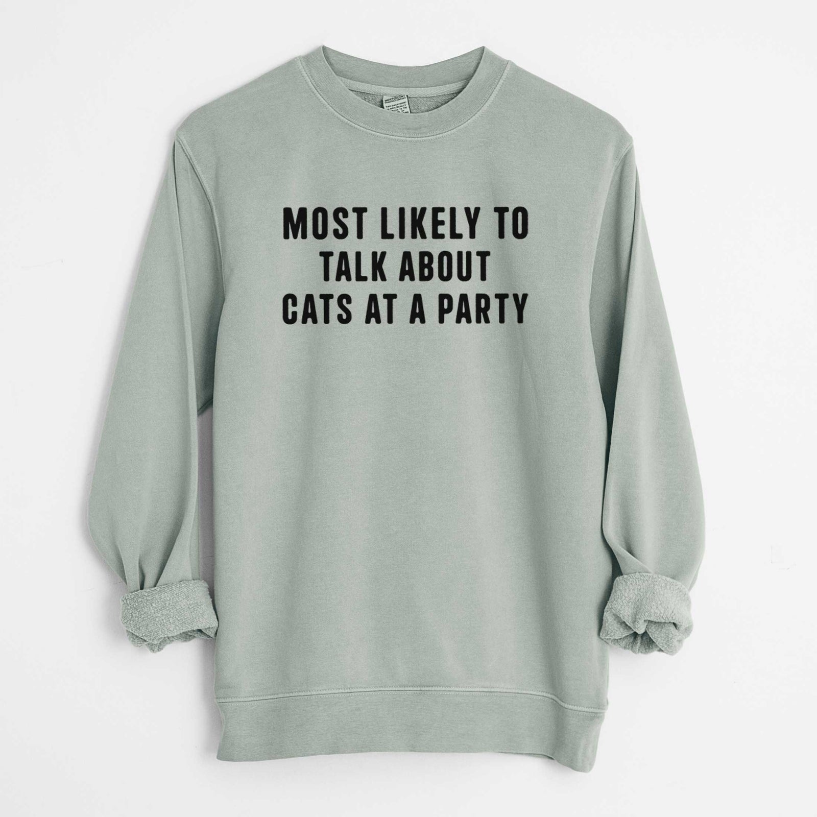 'Most Likely to Talk About Cats at a Party' design on a Sage Unisex pigment dyed crew sweatshirt