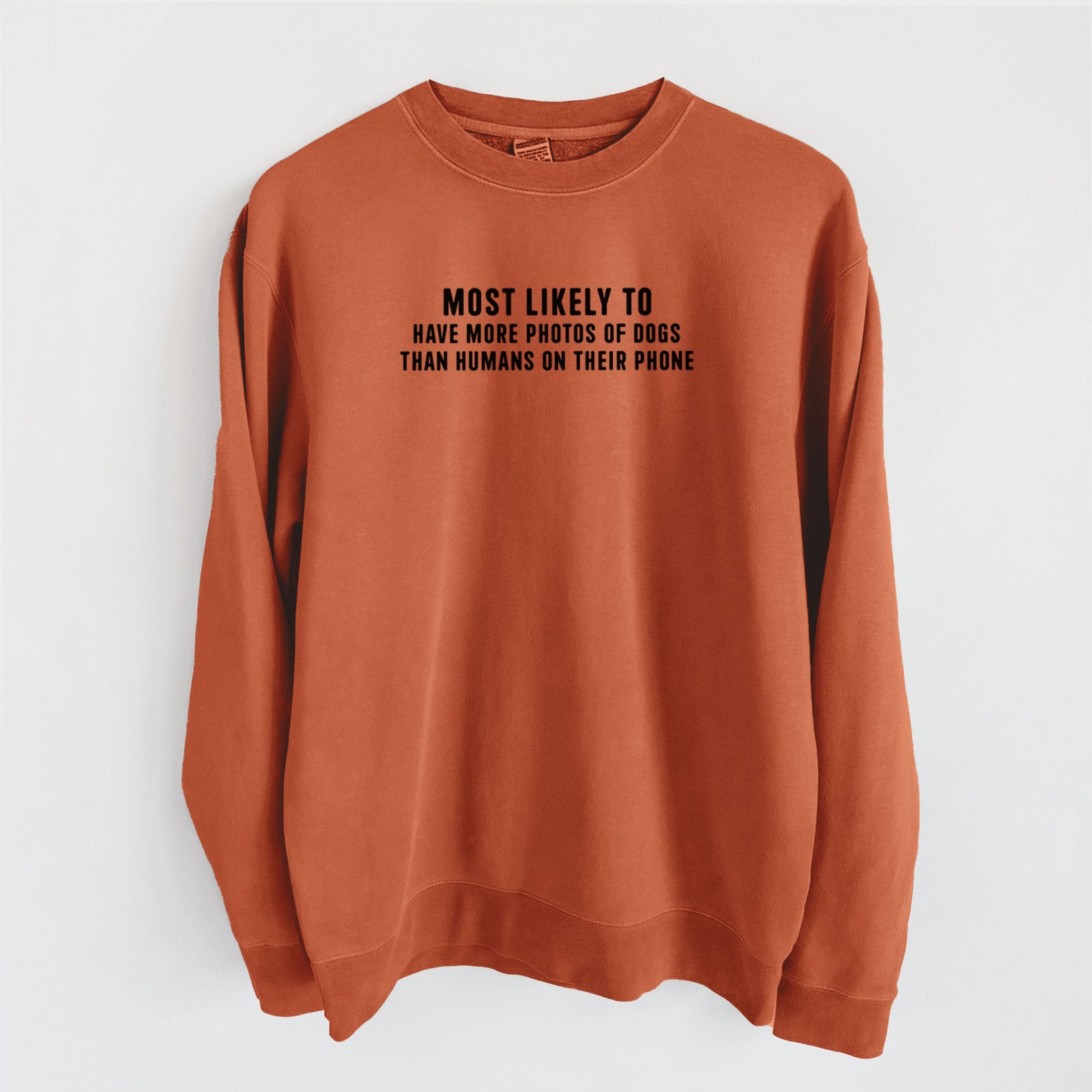 Most Likely to Have More Photos of Dogs than Humans on their Phone - Unisex Pigment Dyed Crew Sweatshirt in Amber