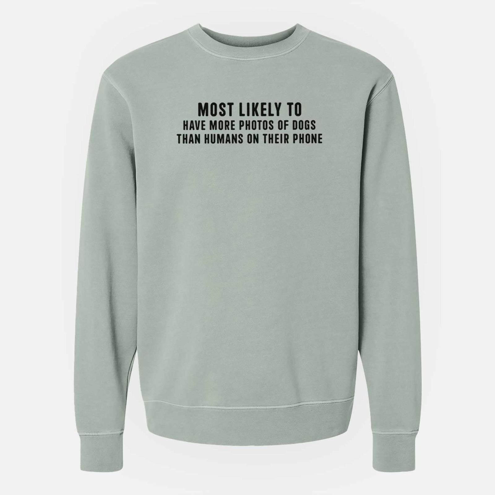'Most Likely to Have More Photos of Dogs than Humans on their Phone' design on a Sage Unisex pigment dyed crew sweatshirt