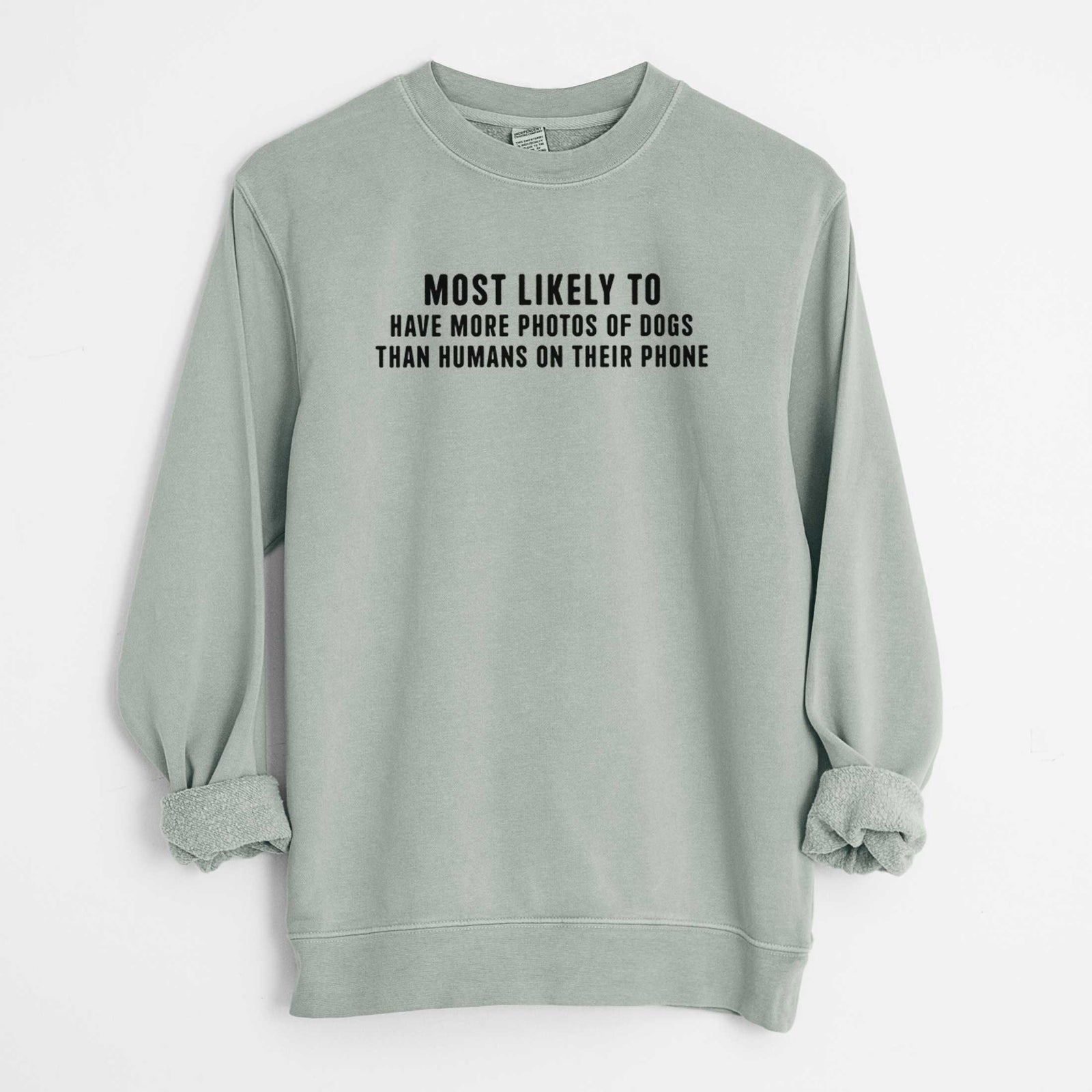 Most Likely to Have More Photos of Dogs than Humans on their Phone - Unisex Pigment Dyed Crew Sweatshirt in Sage