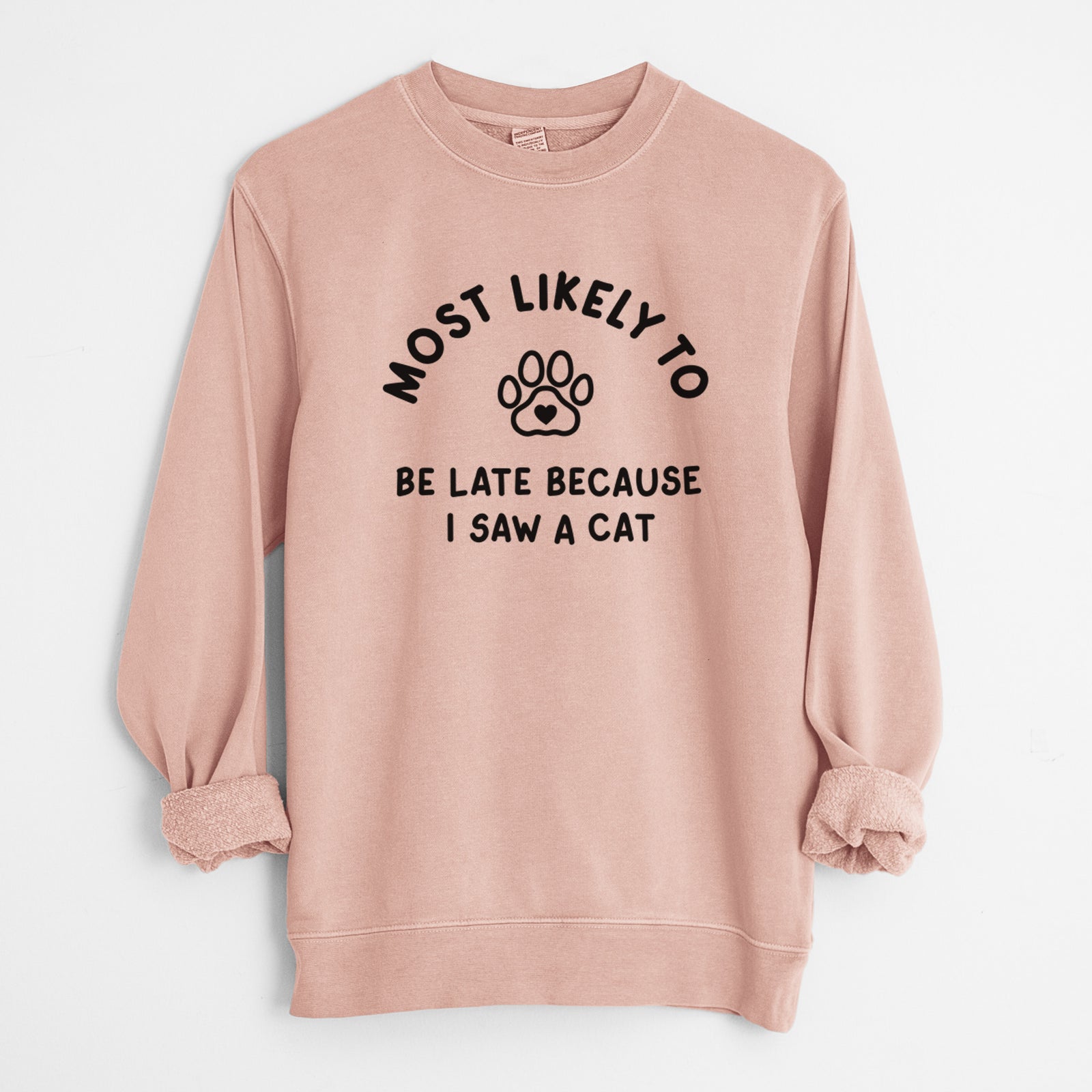 'Most Likely to Be Late Because I Saw a Cat' design on a Dusty Pink Unisex pigment dyed crew sweatshirt