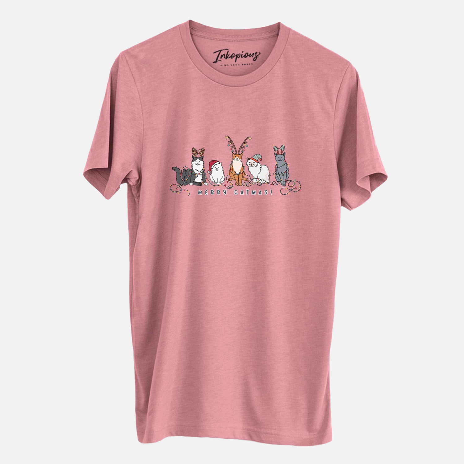 'Merry Catmas' design on a Mauve Unisex crewneck, worn by a man