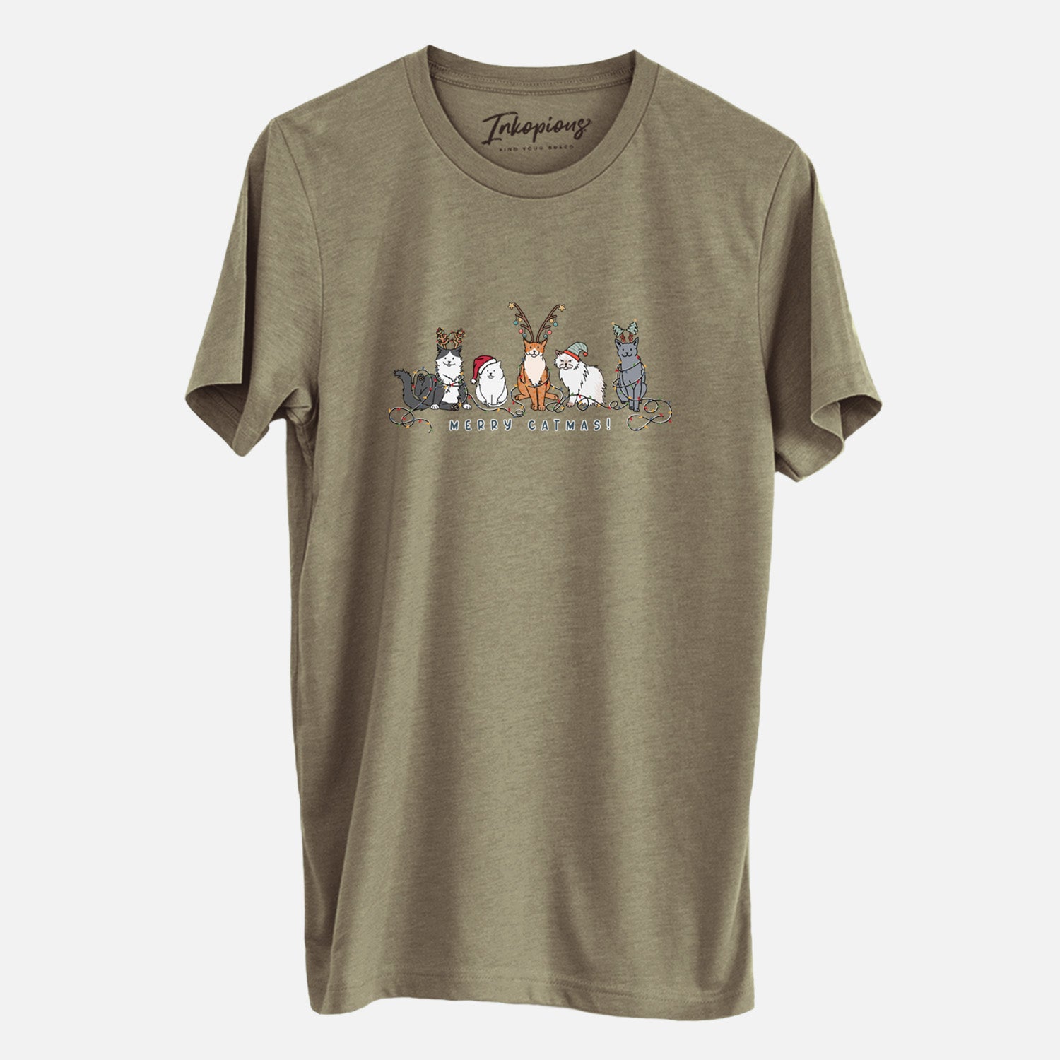 'Merry Catmas' design on an Olive Unisex crewneck, worn by a man