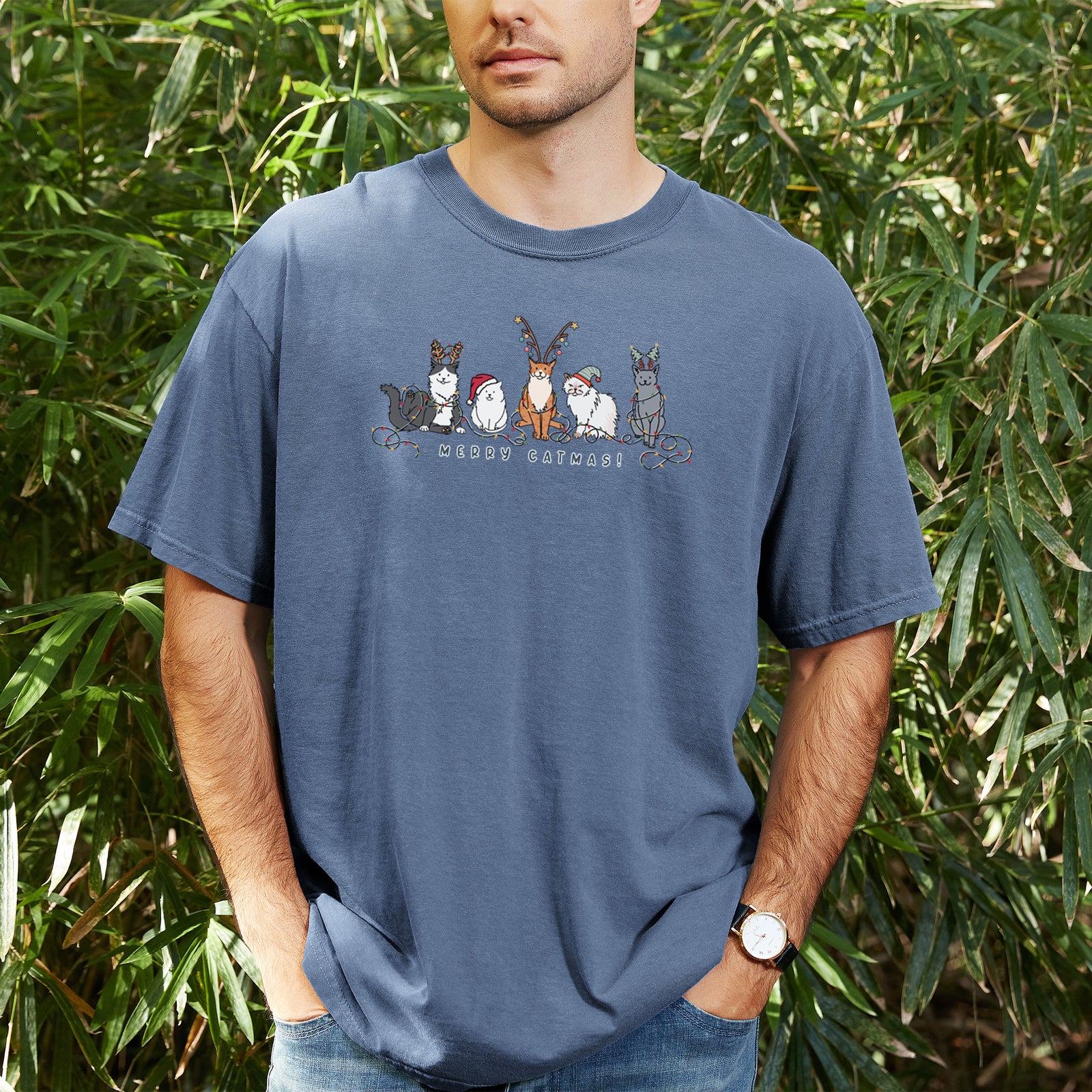 Merry Catmas - Unisex Comfort Colors Garment-Dyed Heavyweight T-shirt, worn by model