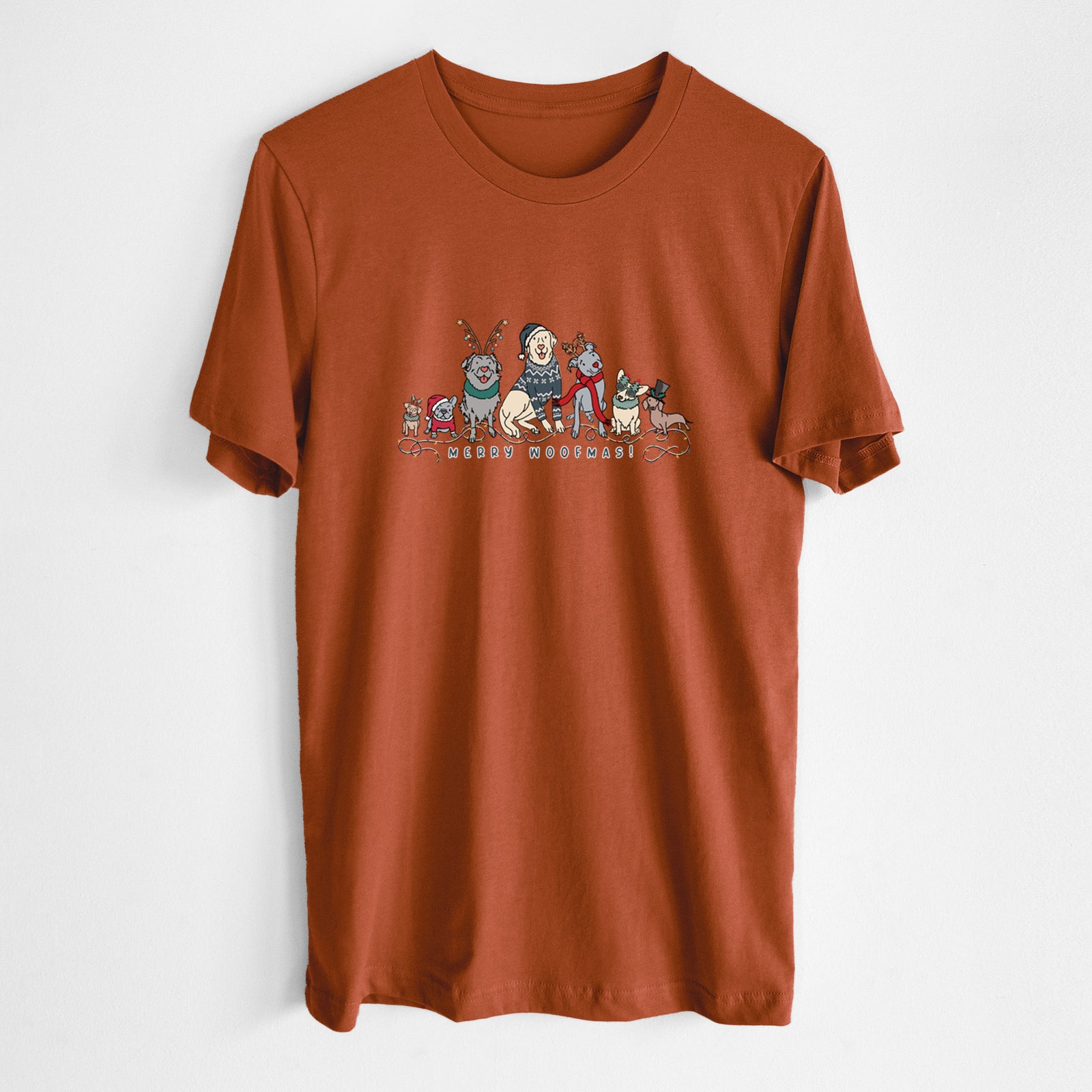 'Merry Woofmas' design on an Autumn Unisex crewneck, worn by a man