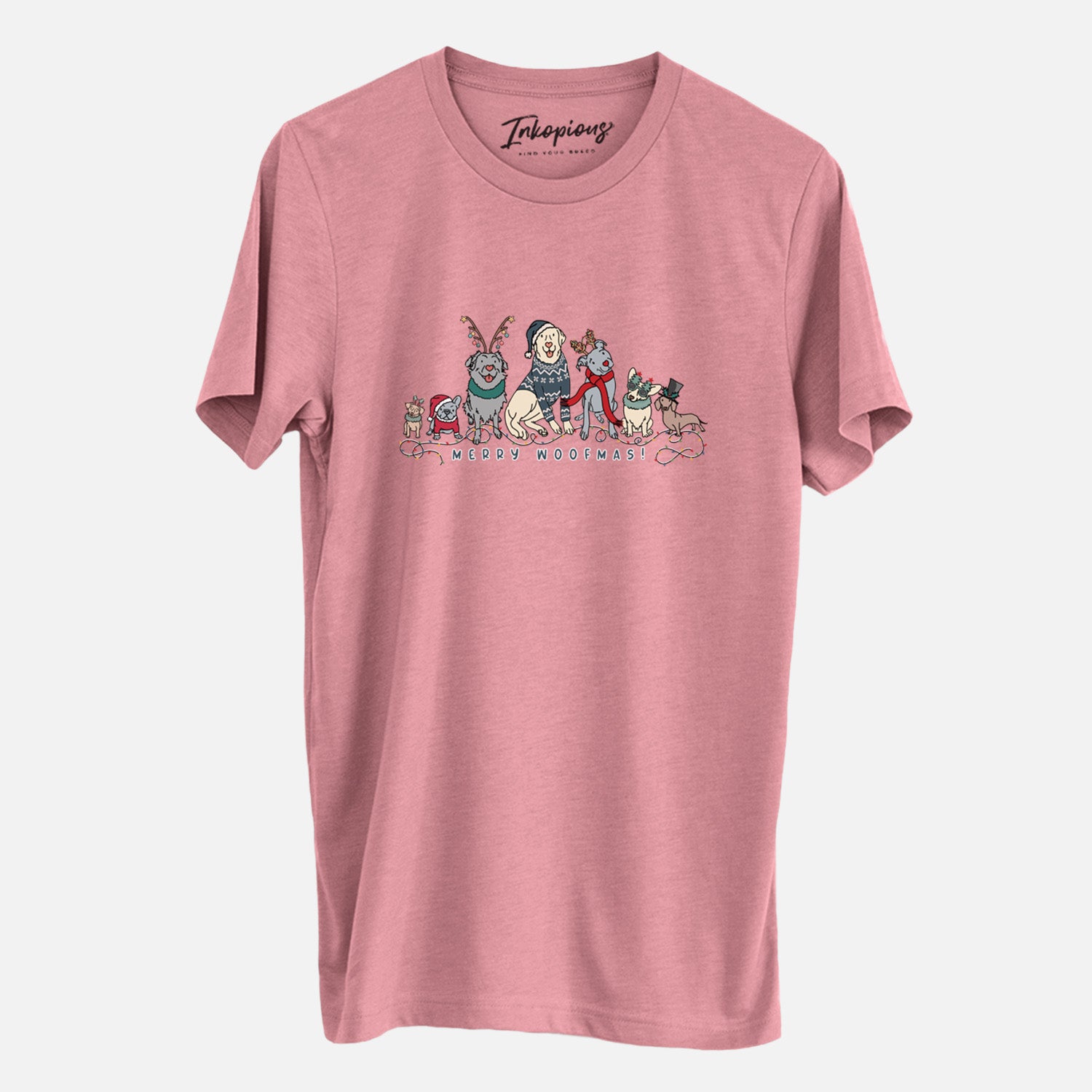 'Merry Woofmas' design on a Mauve Unisex crewneck, worn by a man