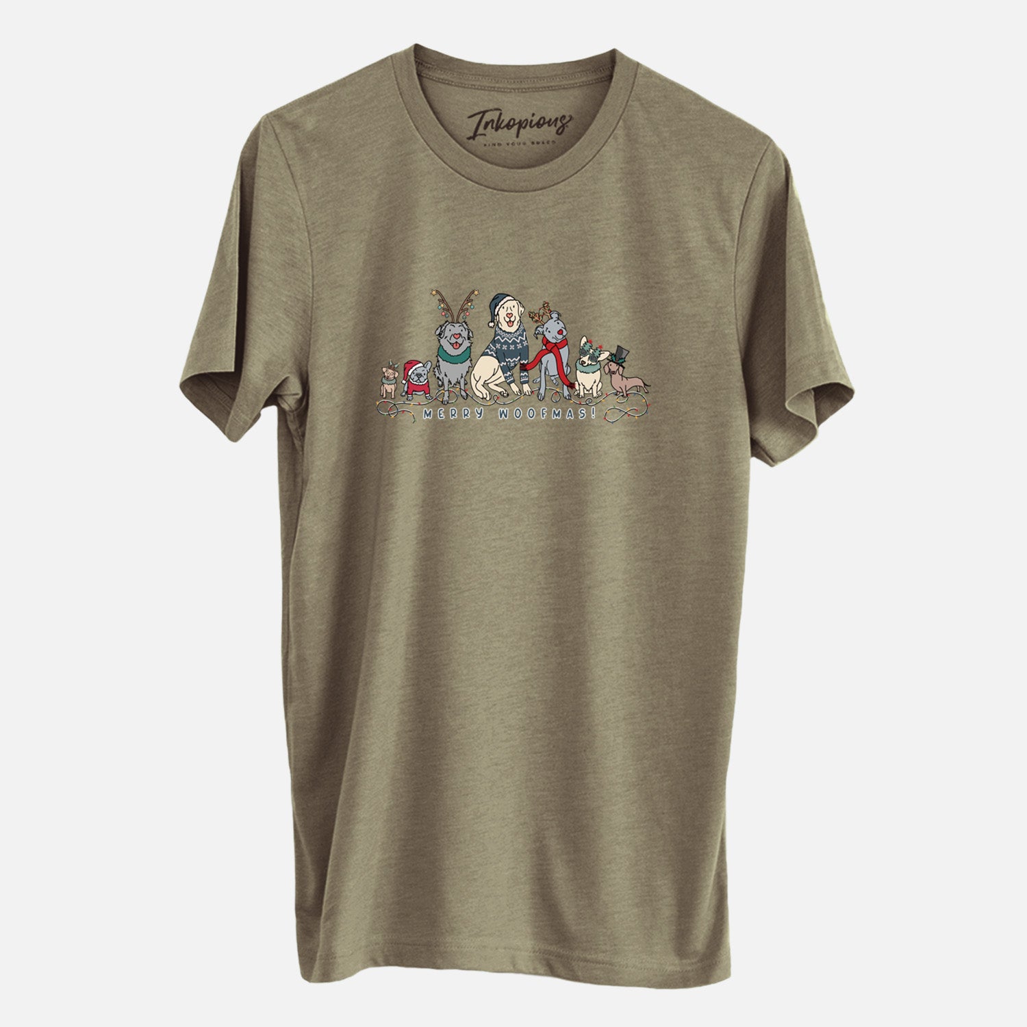 'Merry Woofmas' design on an Olive Unisex crewneck, worn by a man