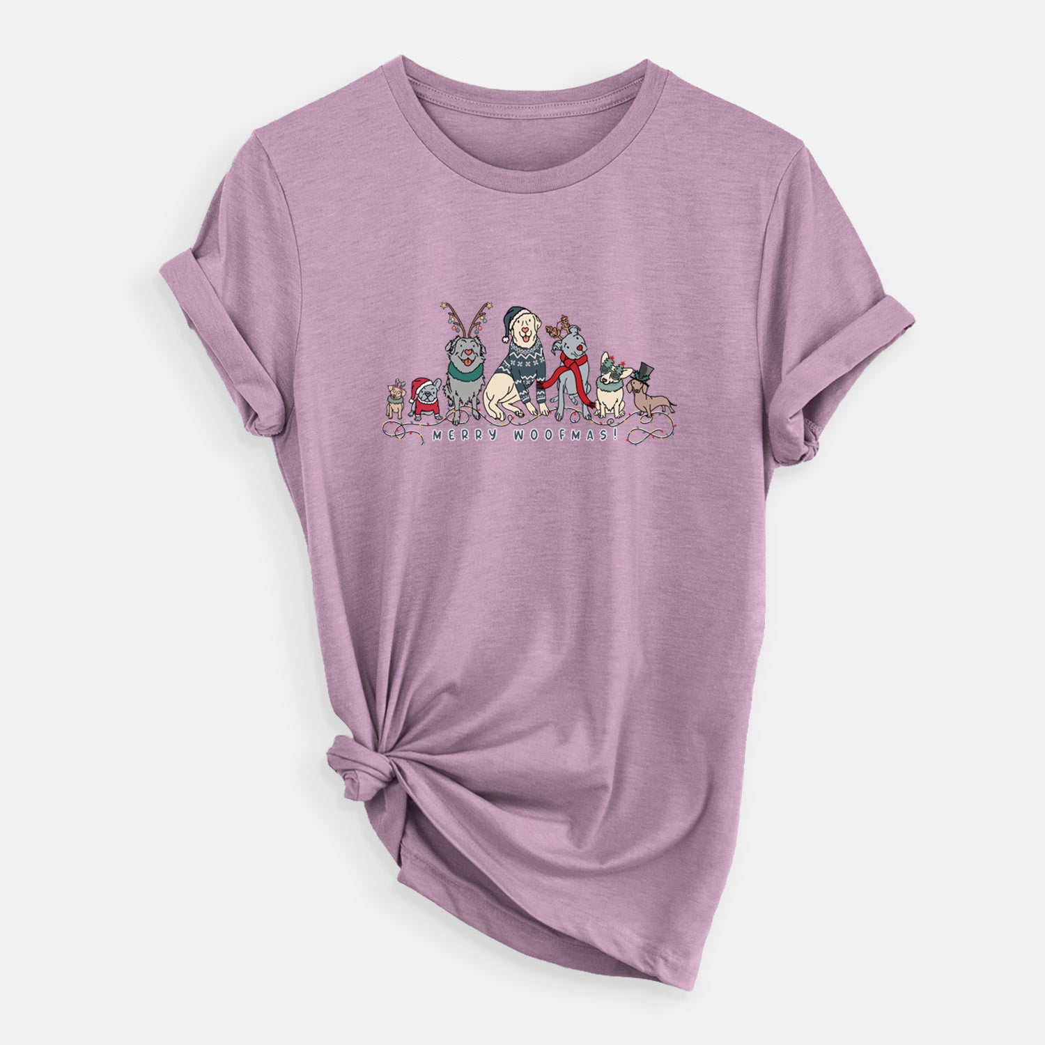 'Merry Woofmas' design on an Orchid Unisex crewneck, worn by a woman