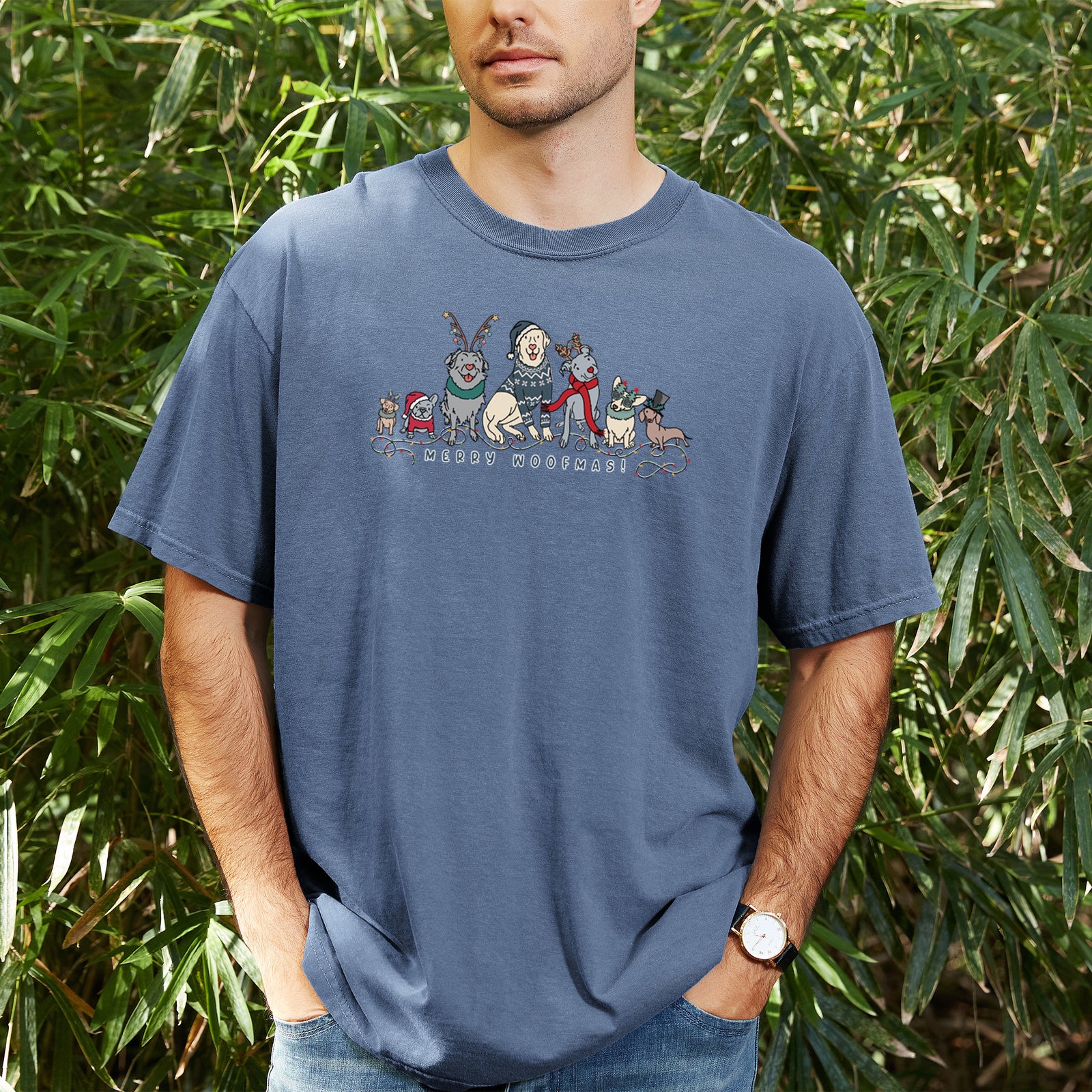 Merry Woofmas - Unisex Comfort Colors Garment-Dyed Heavyweight T-shirt, worn by model