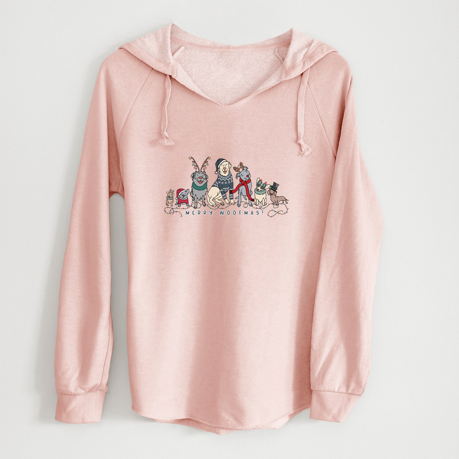 'Merry Woofmas' design on a Blush Cali Wave Hooded Sweatshirt