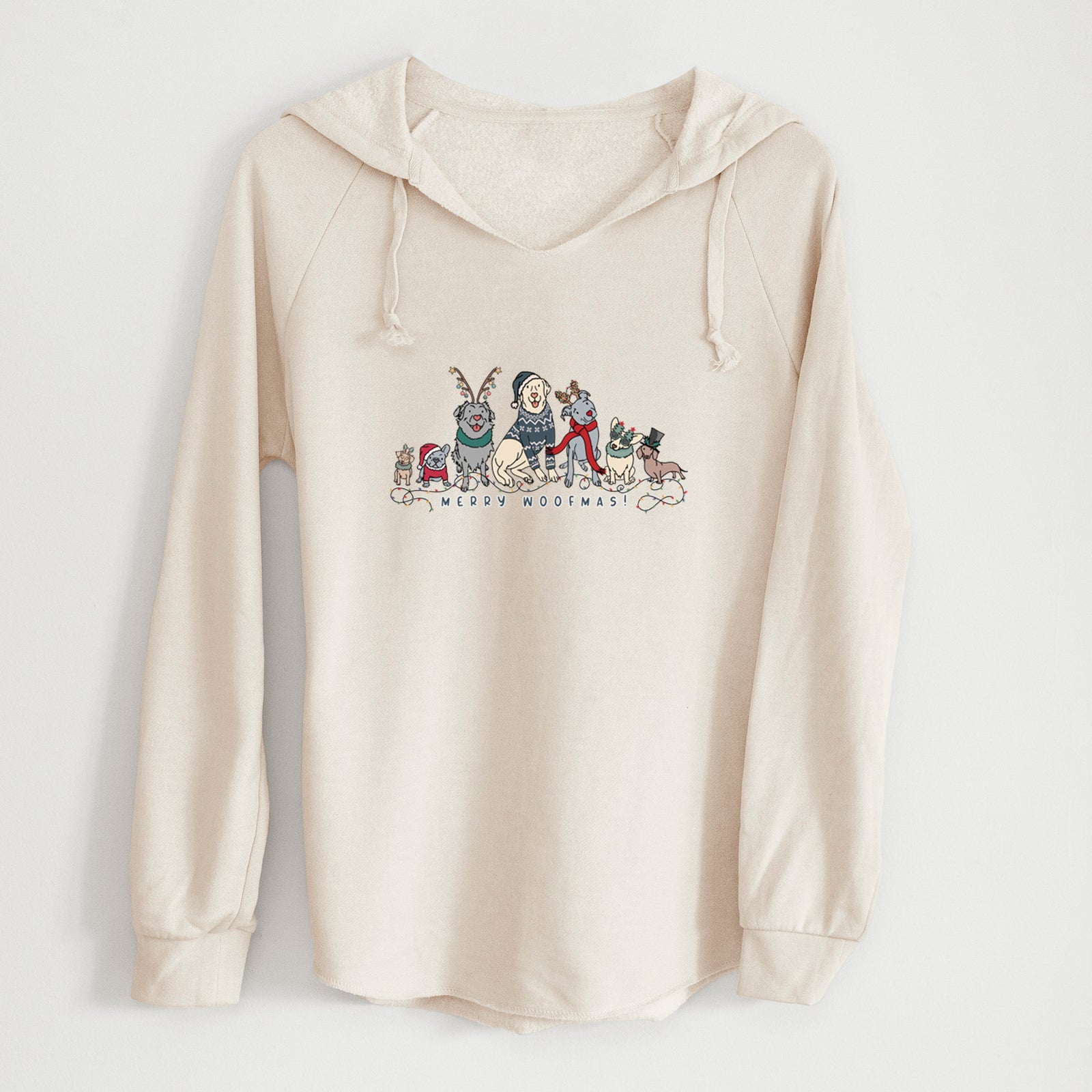 'Merry Woofmas' design on a Bone Cali Wave Hooded Sweatshirt