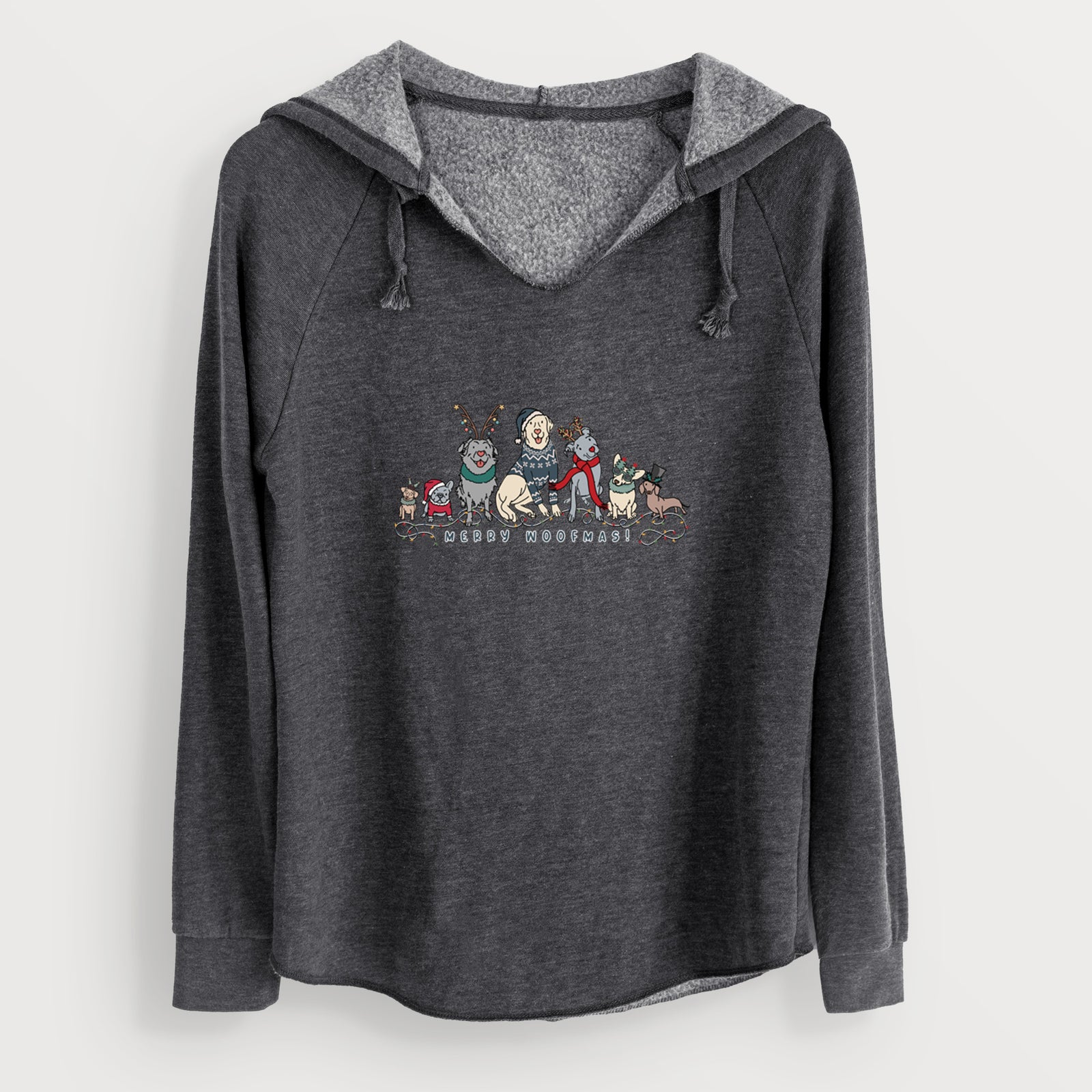 'Merry Woofmas' design on a Charcoal Grey Cali Wave Hooded Sweatshirt