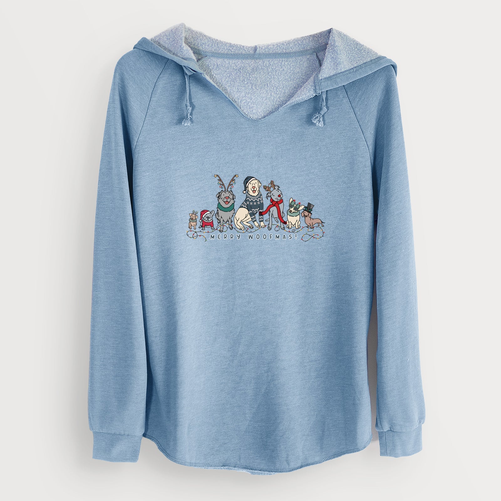 'Merry Woofmas' design on a Misty Blue Cali Wave Hooded Sweatshirt