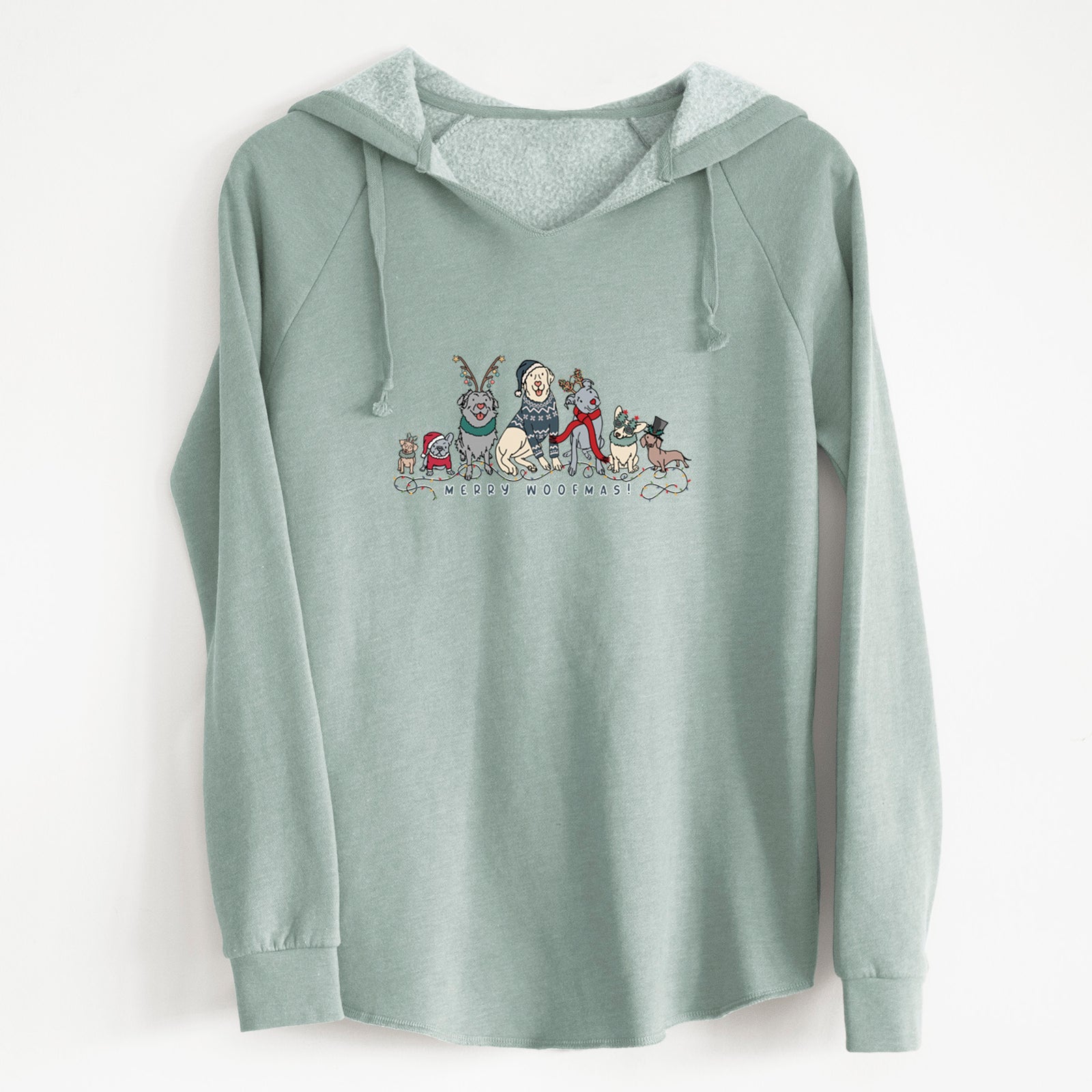 'Merry Woofmas' design on a Sage Cali Wave Hooded Sweatshirt