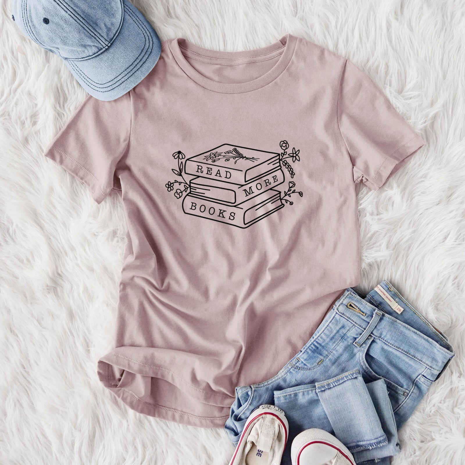 Read More Books - Floral Book Stack - Women's Lightweight Relaxed Fit 100% Cotton Crewneck