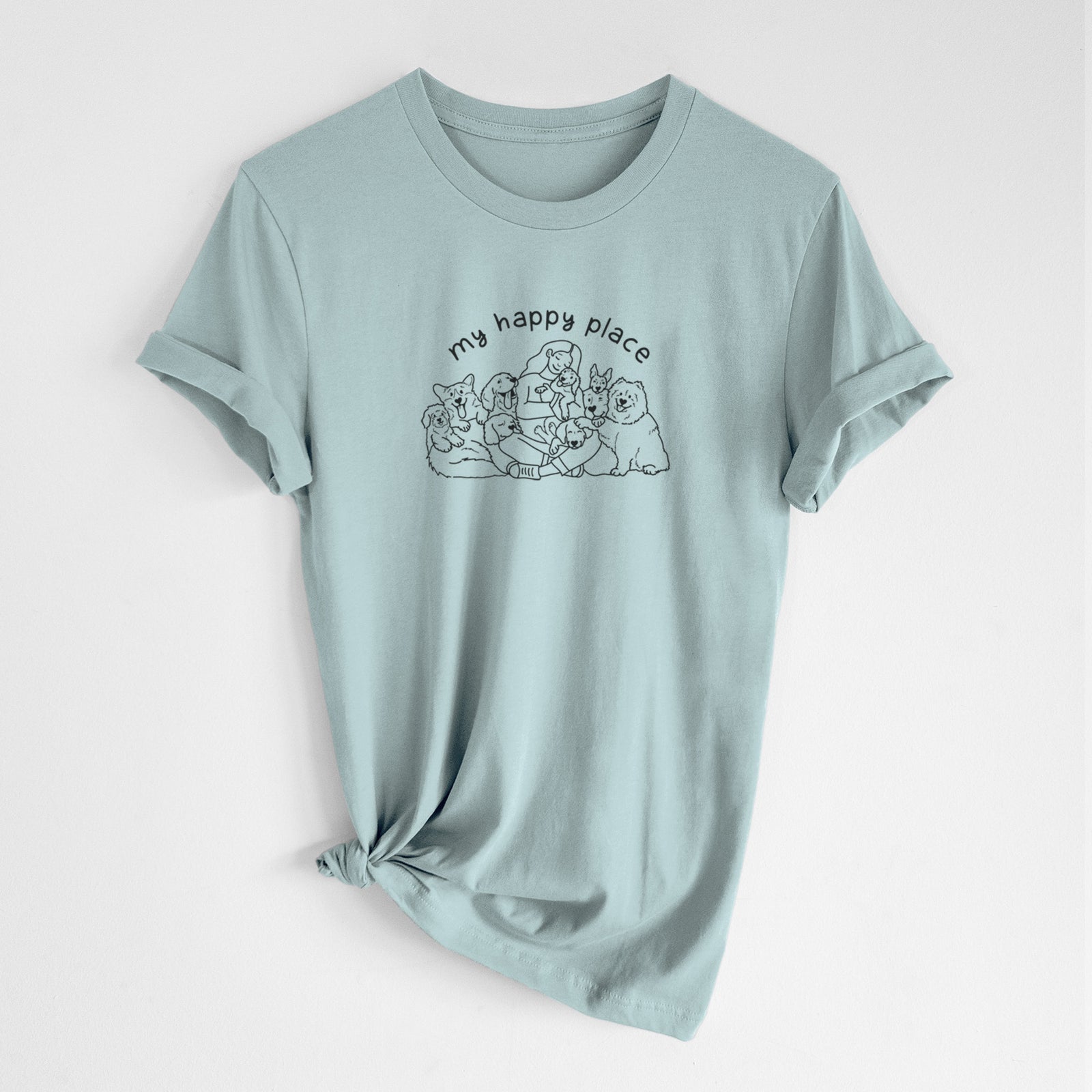 'My Happy Place - Dogs' design on a Dusty Blue Unisex crewneck, worn by a woman