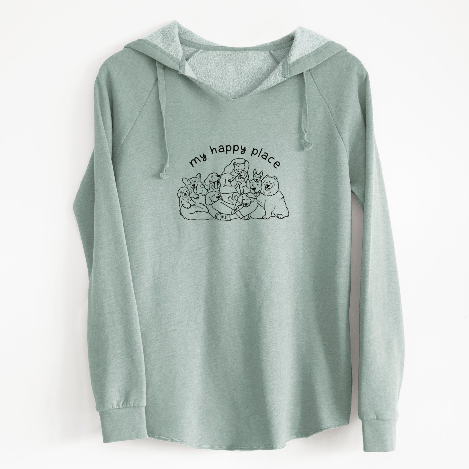 'My Happy Place - Dogs' design on a Sage Cali Wave Hooded Sweatshirt