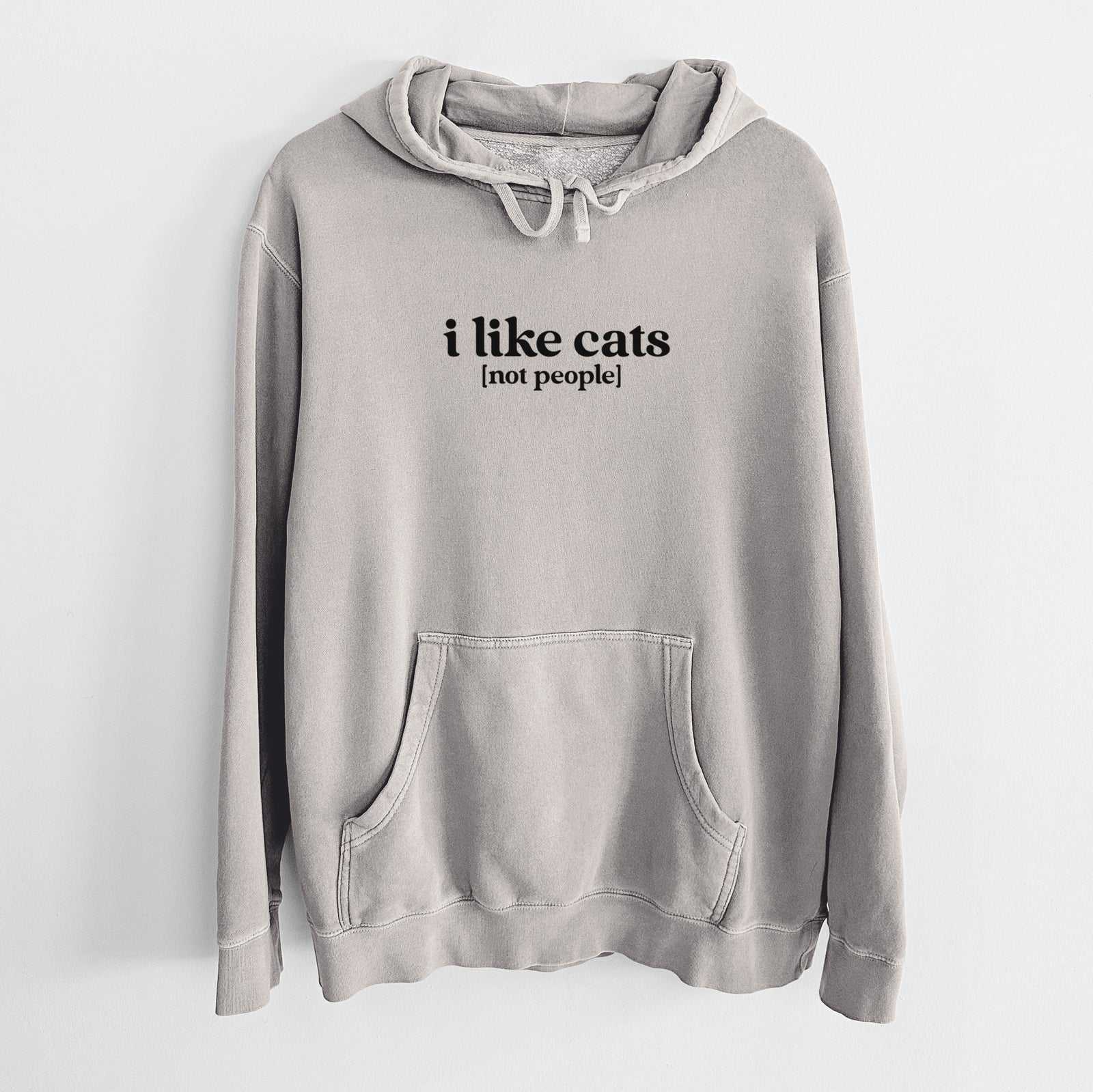 'I like cats - not people' design on a Cement Unisex pigment dyed hoodie