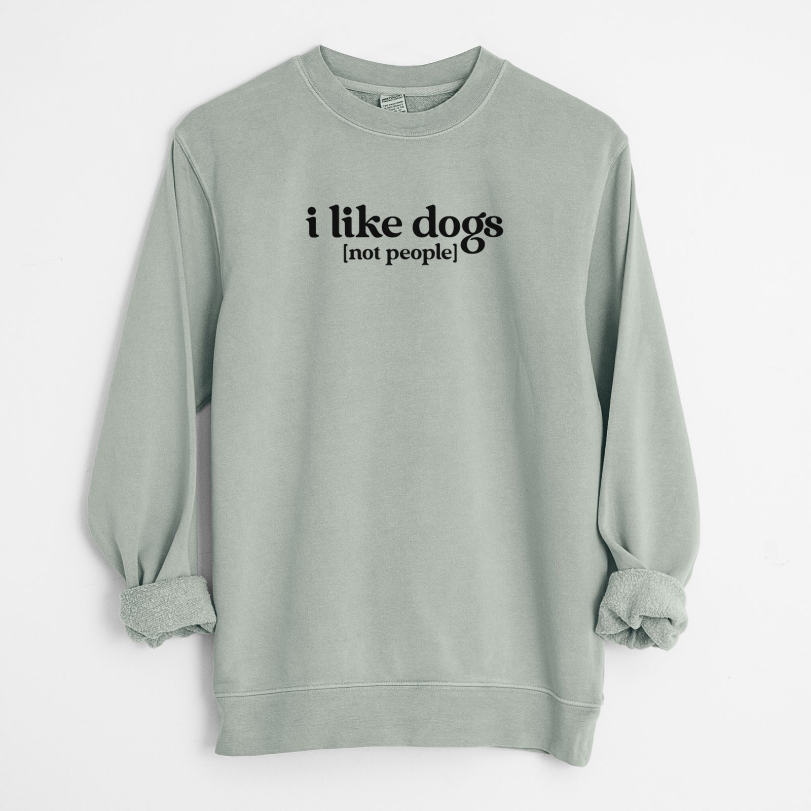 'I like dogs - not people' design on a Sage Unisex pigment dyed crew sweatshirt