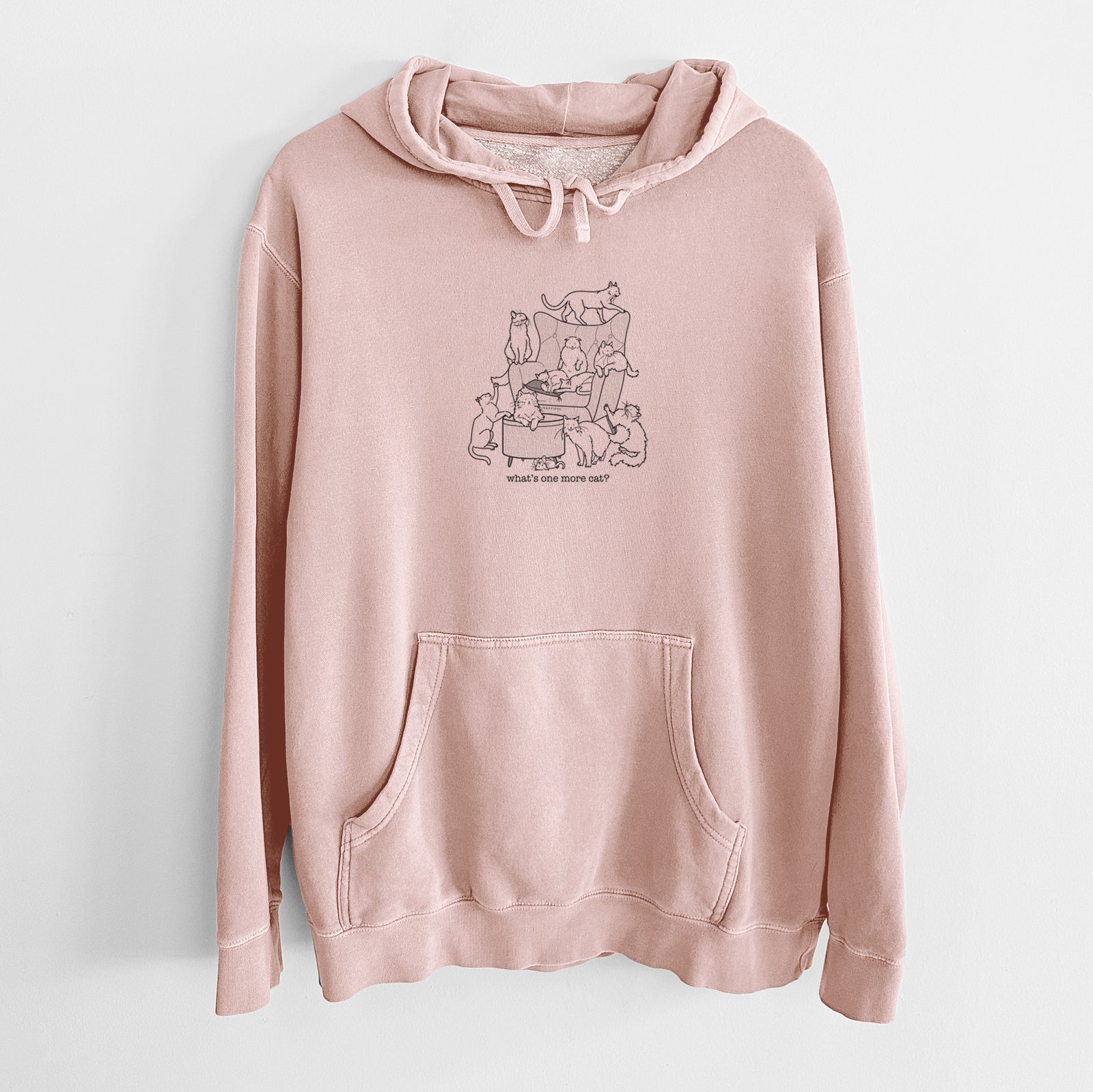 'What's One More Cat?' design on a Dusty Pink Unisex pigment dyed hoodie