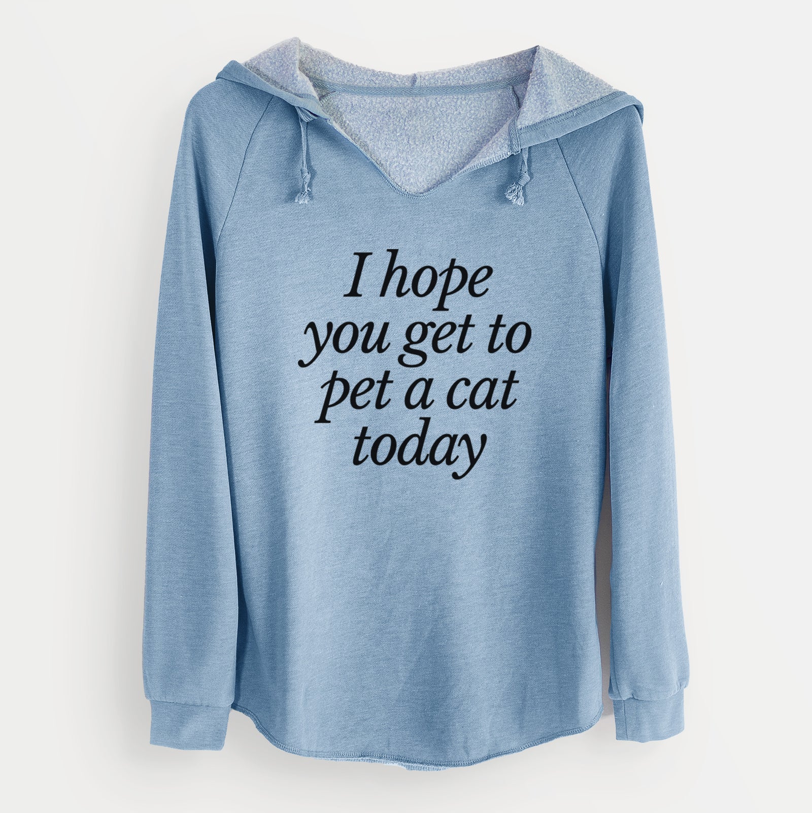 'I hope you get to pet a cat today' design on a Misty Blue Cali Wave Hooded Sweatshirt