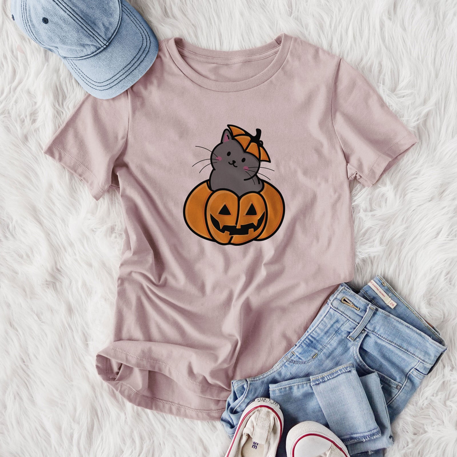 Pumpkin Cat - Black Cat - Women's Lightweight Relaxed Fit 100% Cotton Crewneck
