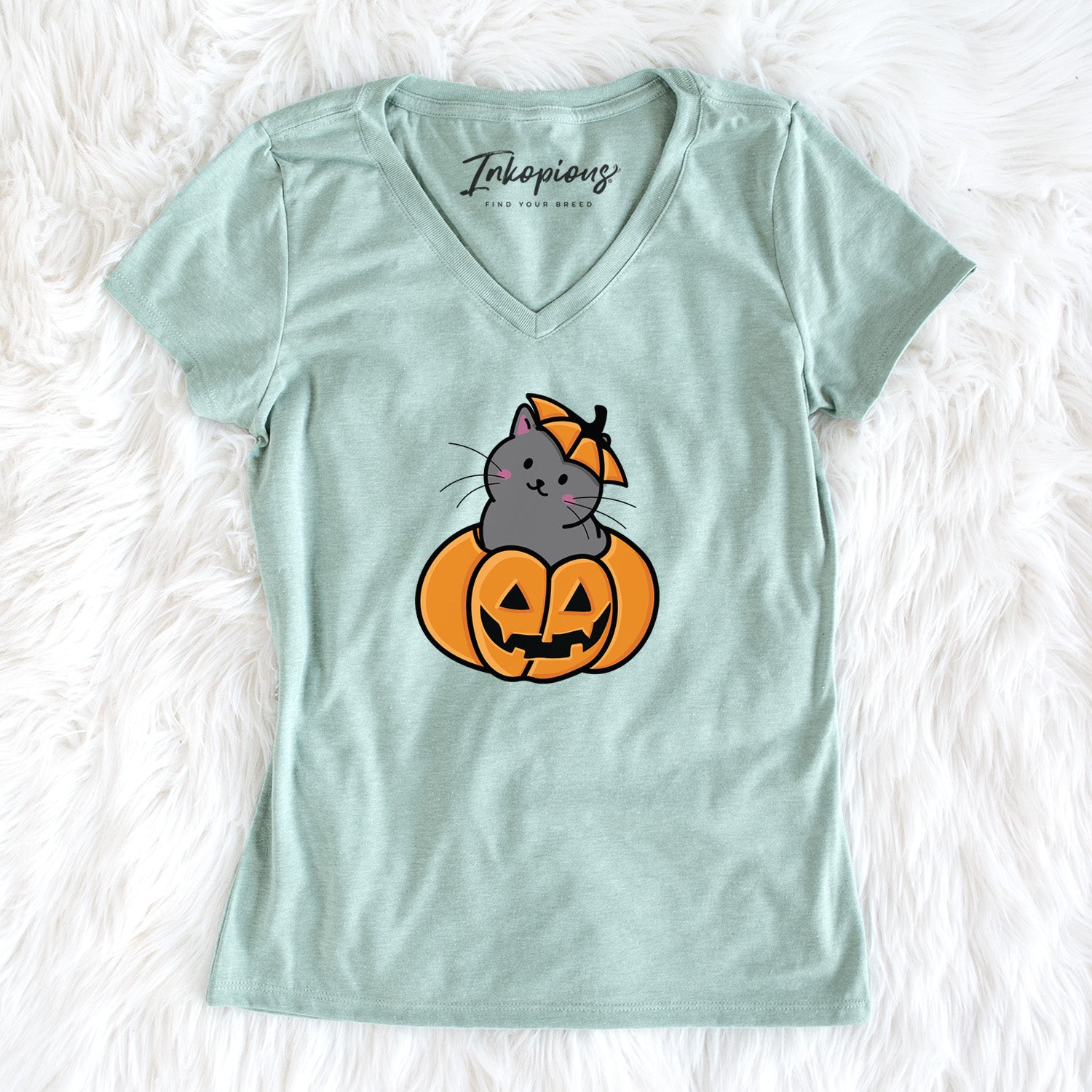 Pumpkin Cat - Black Cat - Women's Perfect V-neck Shirt