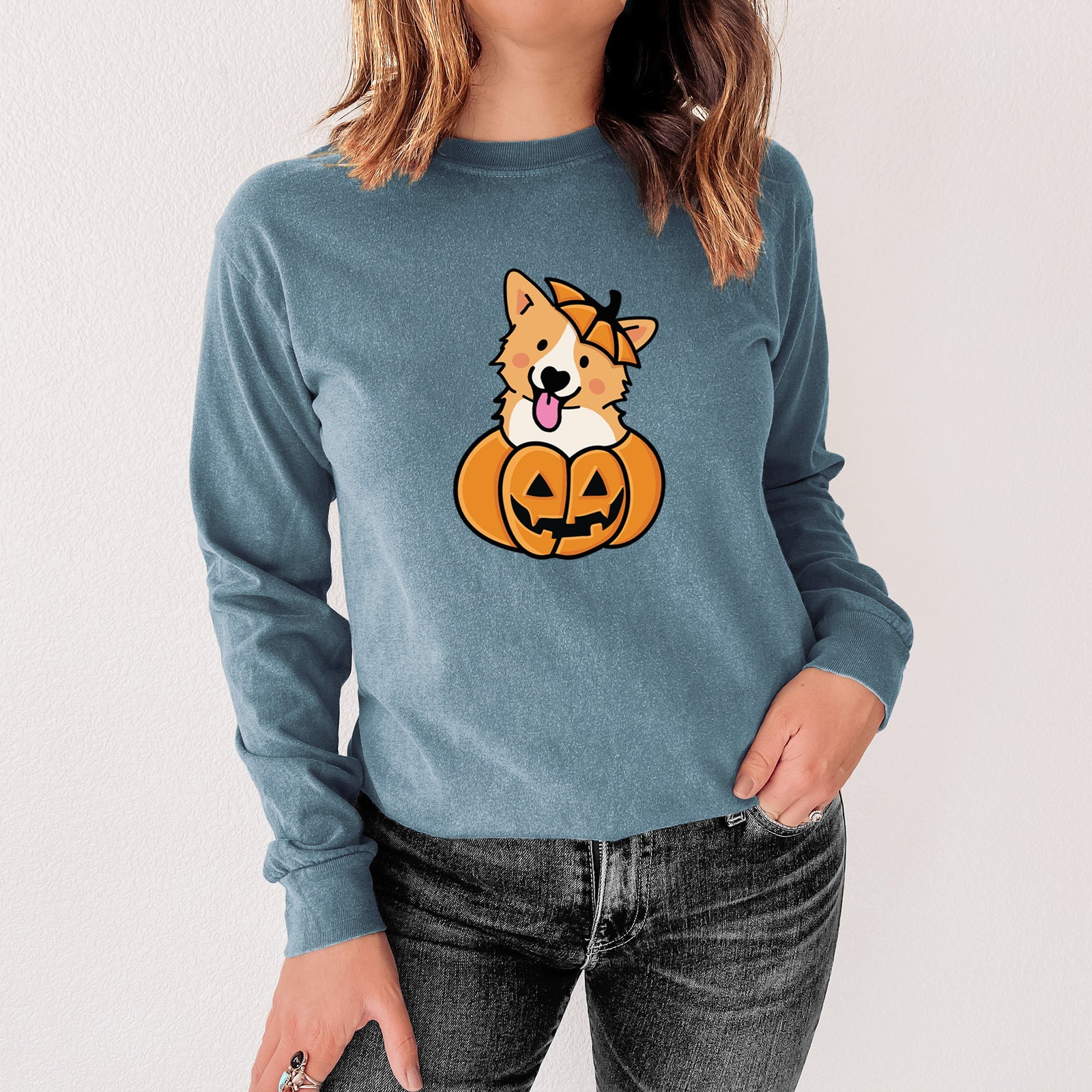 Pumpkin Pup - Corgi - Heavyweight 100% Cotton Long Sleeve