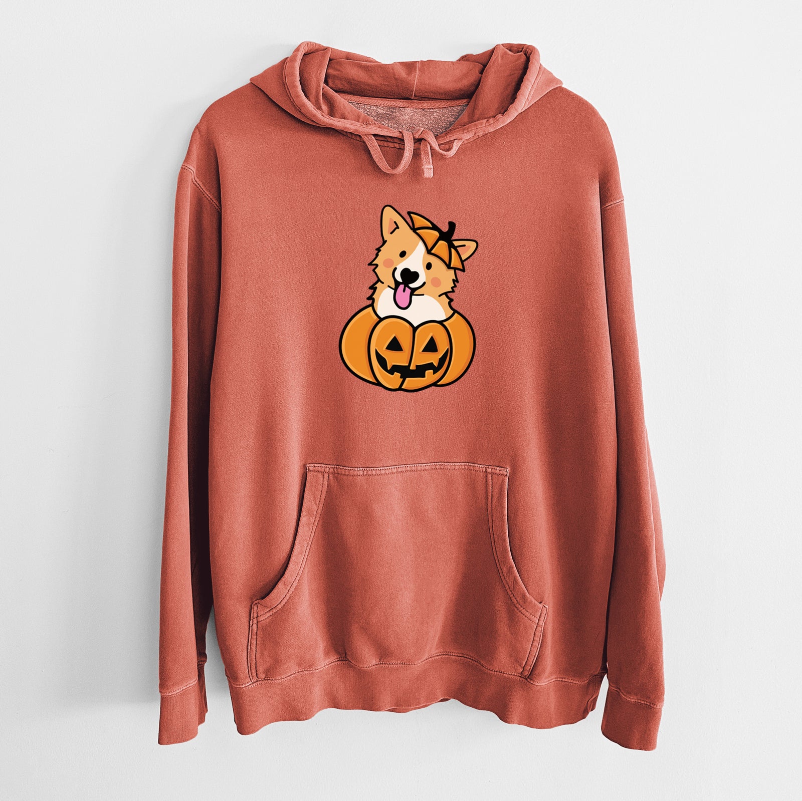 'Pumpkin Pup - Corgi' design on an Amber Unisex pigment dyed hoodie