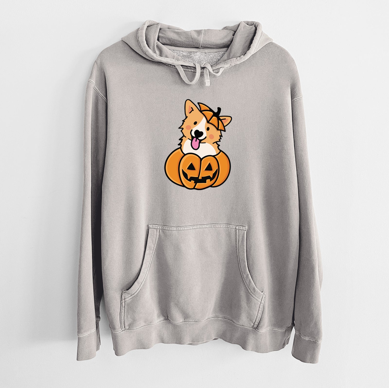 'Pumpkin Pup - Corgi' design on a Cement Unisex pigment dyed hoodie