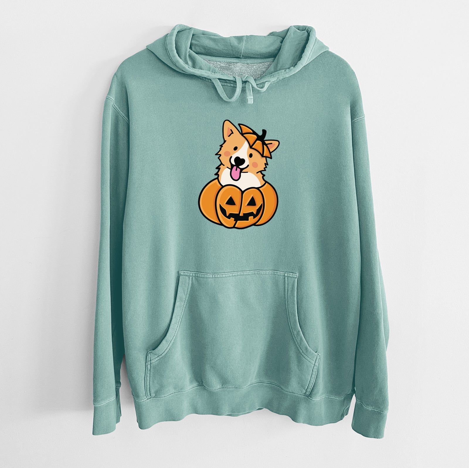 'Pumpkin Pup - Corgi' design on a Mint Unisex pigment dyed hoodie
