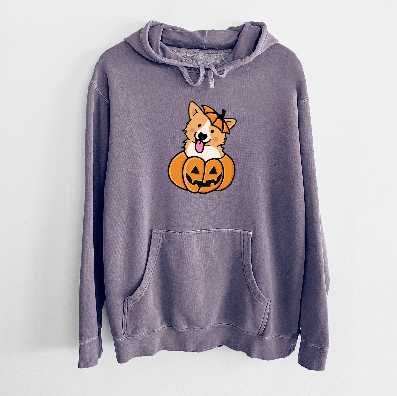'Pumpkin Pup - Corgi' design on a Plum Unisex pigment dyed hoodie