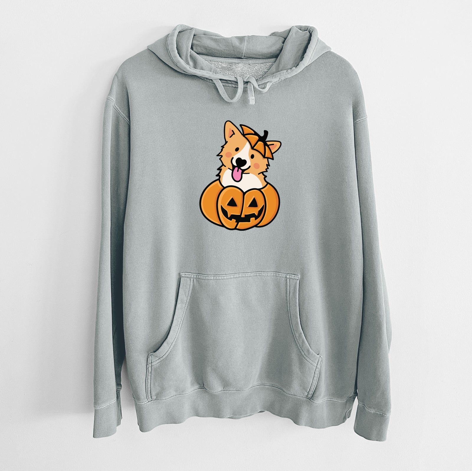 'Pumpkin Pup - Corgi' design on a Sage Unisex pigment dyed hoodie