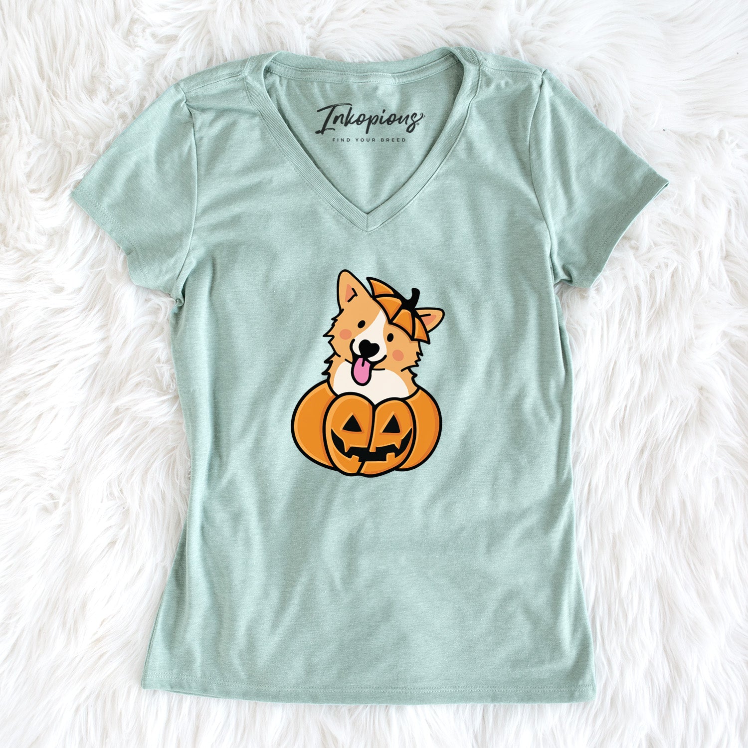 Pumpkin Pup - Corgi - Women's Perfect V-neck Shirt