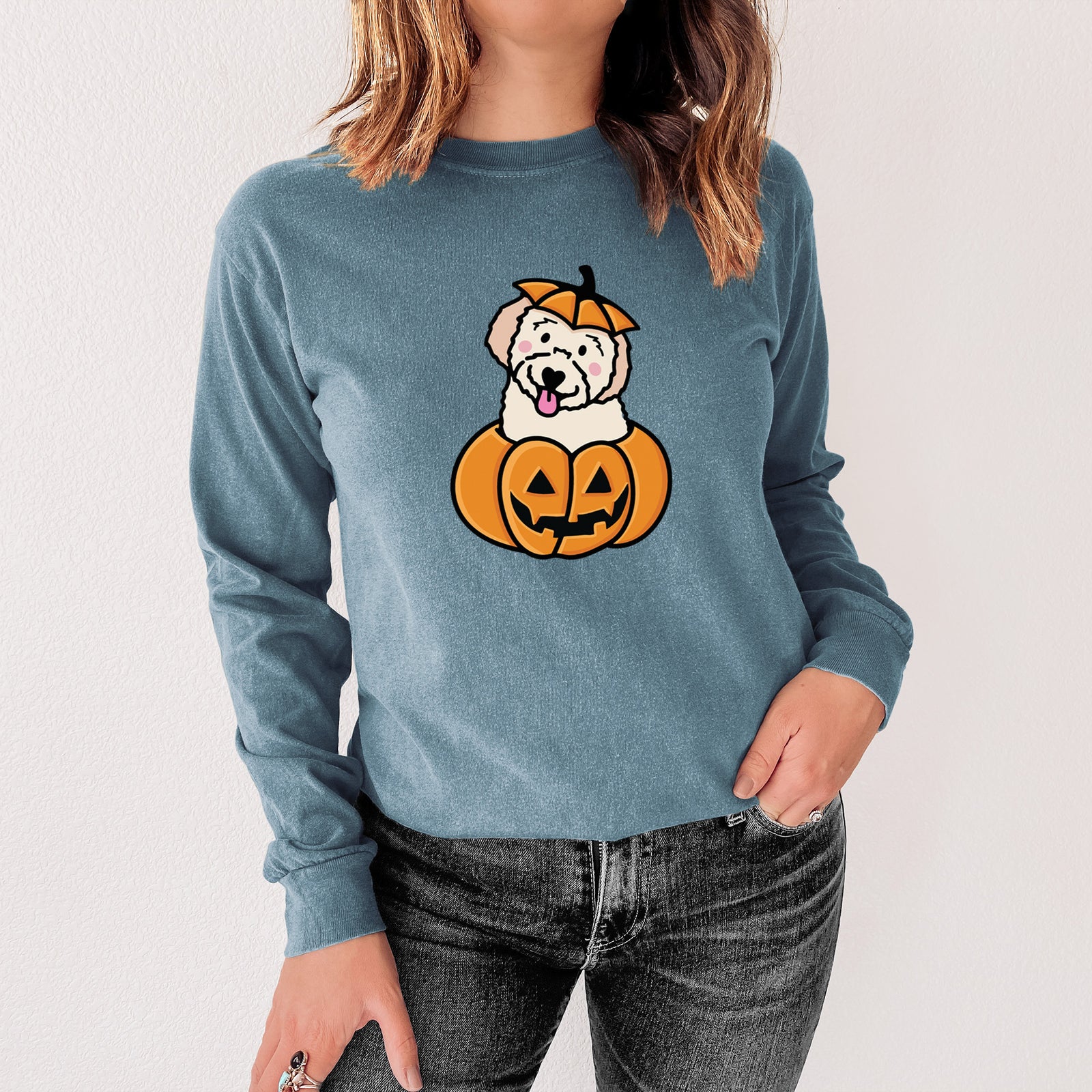 Pumpkin Pup - Doodle - Heavyweight 100% Cotton Long Sleeve