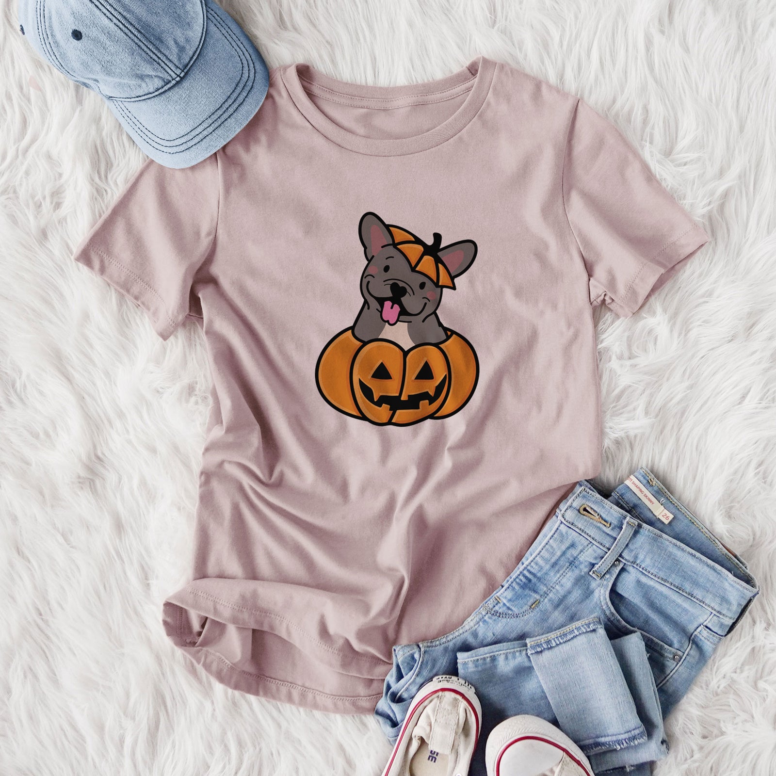 Pumpkin Pup - French Bulldog - Women's Lightweight Relaxed Fit 100% Cotton Crewneck