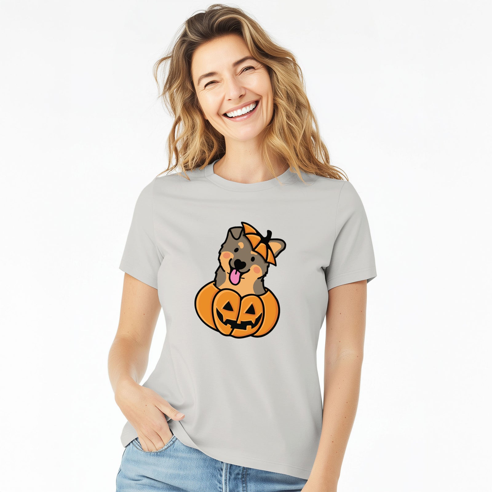 Pumpkin Pup - German Shepherd - Women's Lightweight Relaxed Fit 100% Cotton Crewneck