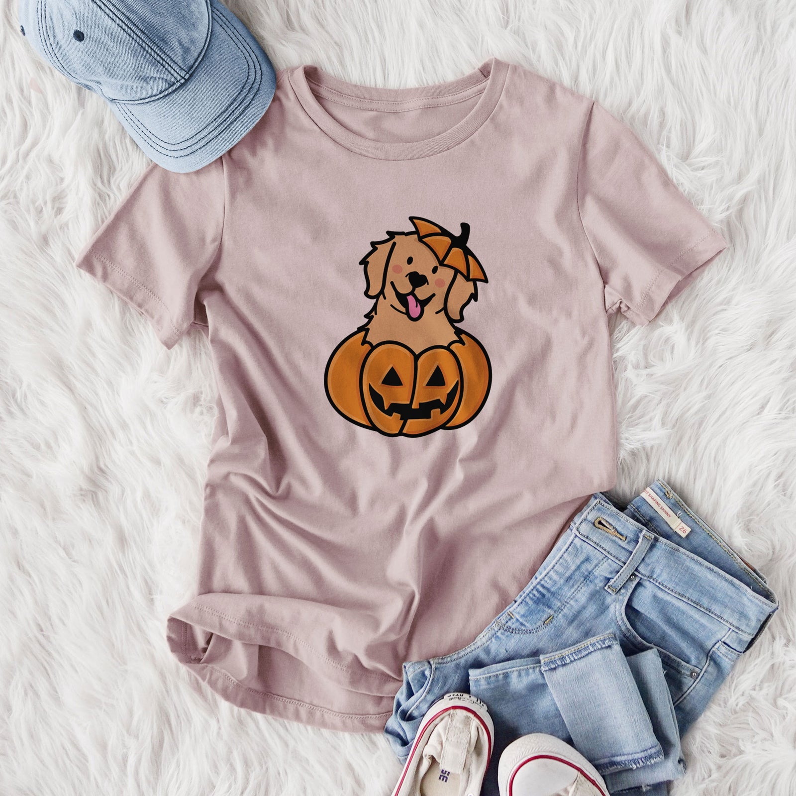 Pumpkin Pup - Golden Retriever - Women's Lightweight Relaxed Fit 100% Cotton Crewneck