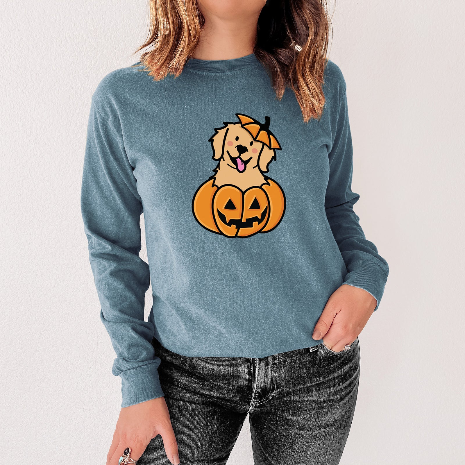 Pumpkin Pup - Golden Retriever - Heavyweight 100% Cotton Long Sleeve
