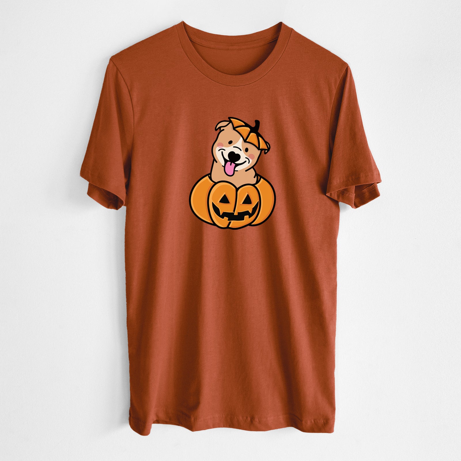 'Pumpkin Pup - Pitbull' design on an Autumn Unisex crewneck, worn by a man