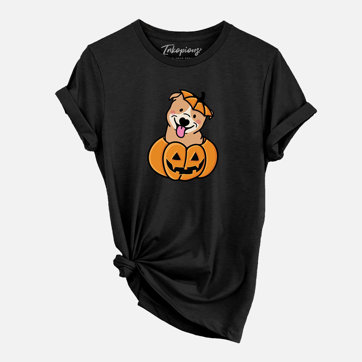 'Pumpkin Pup - Pitbull' design on a Black Unisex crewneck, worn by a woman