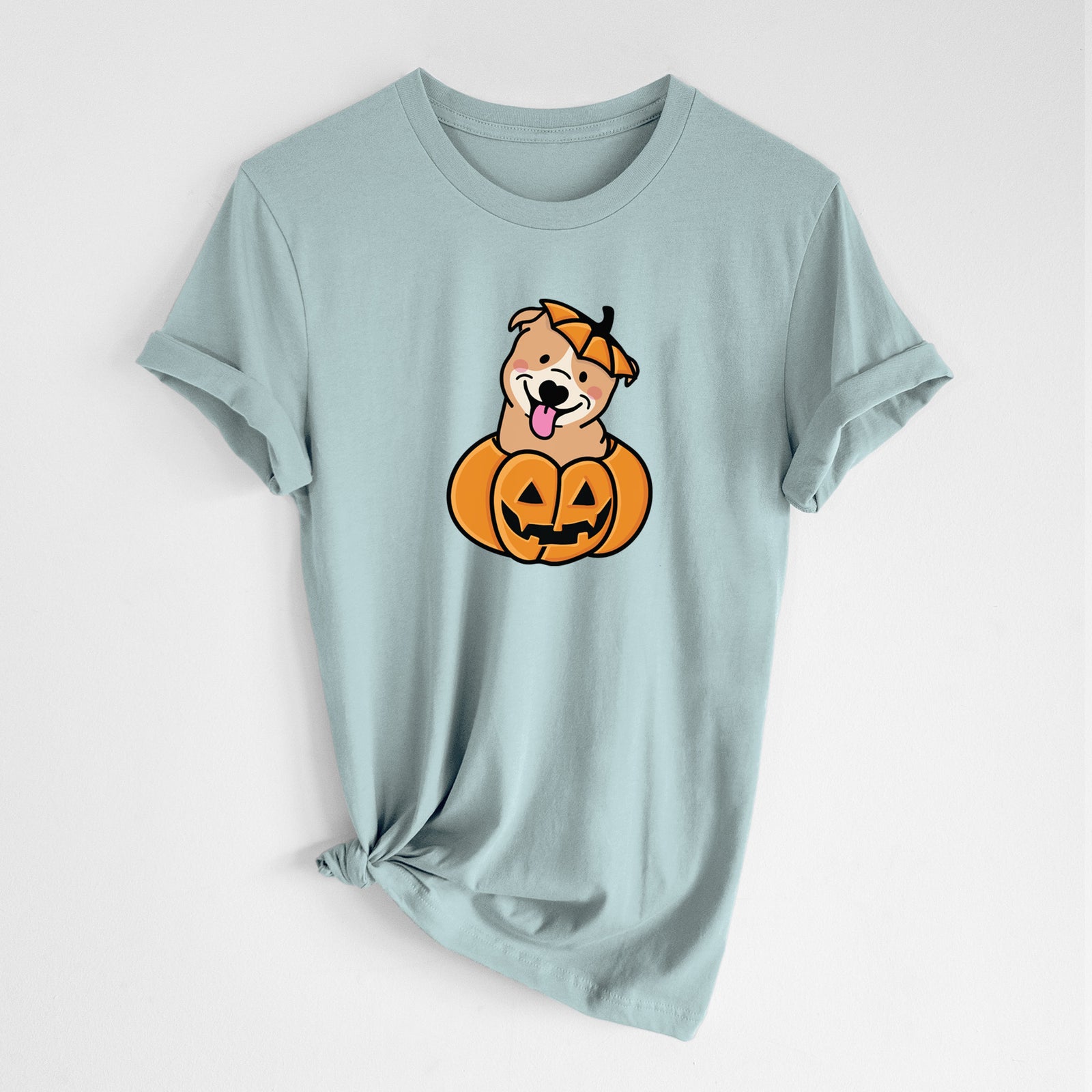 'Pumpkin Pup - Pitbull' design on a Dusty Blue Unisex crewneck, worn by a woman