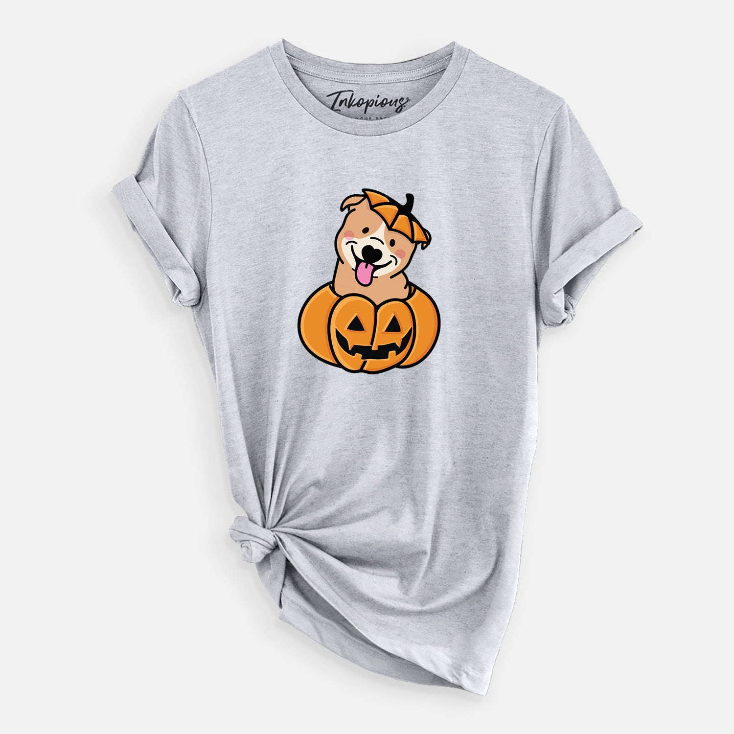 'Pumpkin Pup - Pitbull' design on a Grey Unisex crewneck, worn by a woman