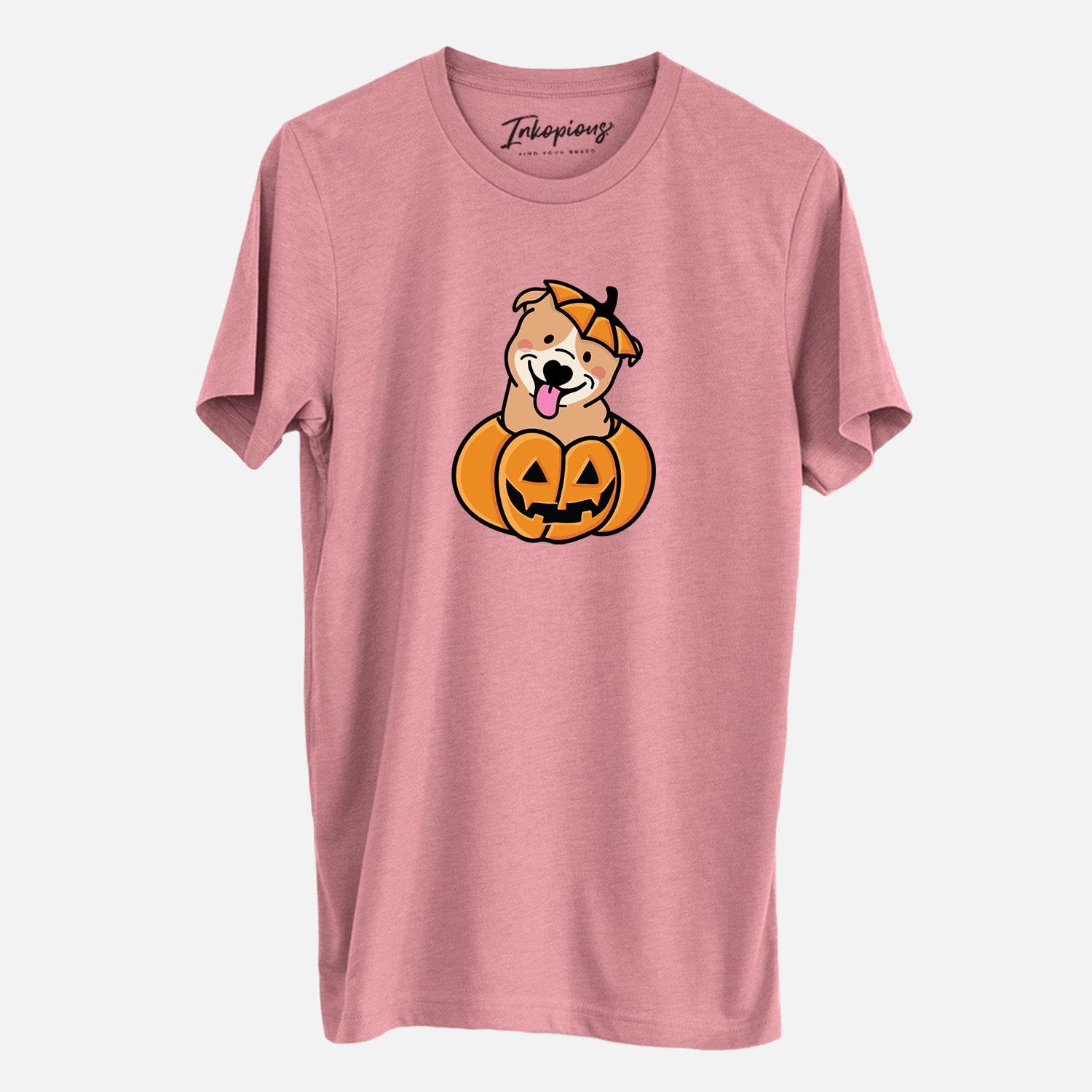 'Pumpkin Pup - Pitbull' design on a Mauve Unisex crewneck, worn by a man