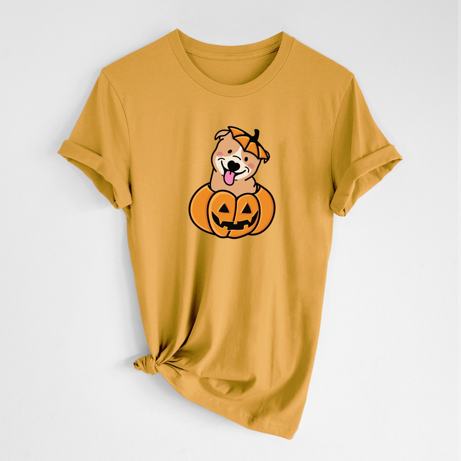 'Pumpkin Pup - Pitbull' design on a Mustard Unisex crewneck, worn by a woman